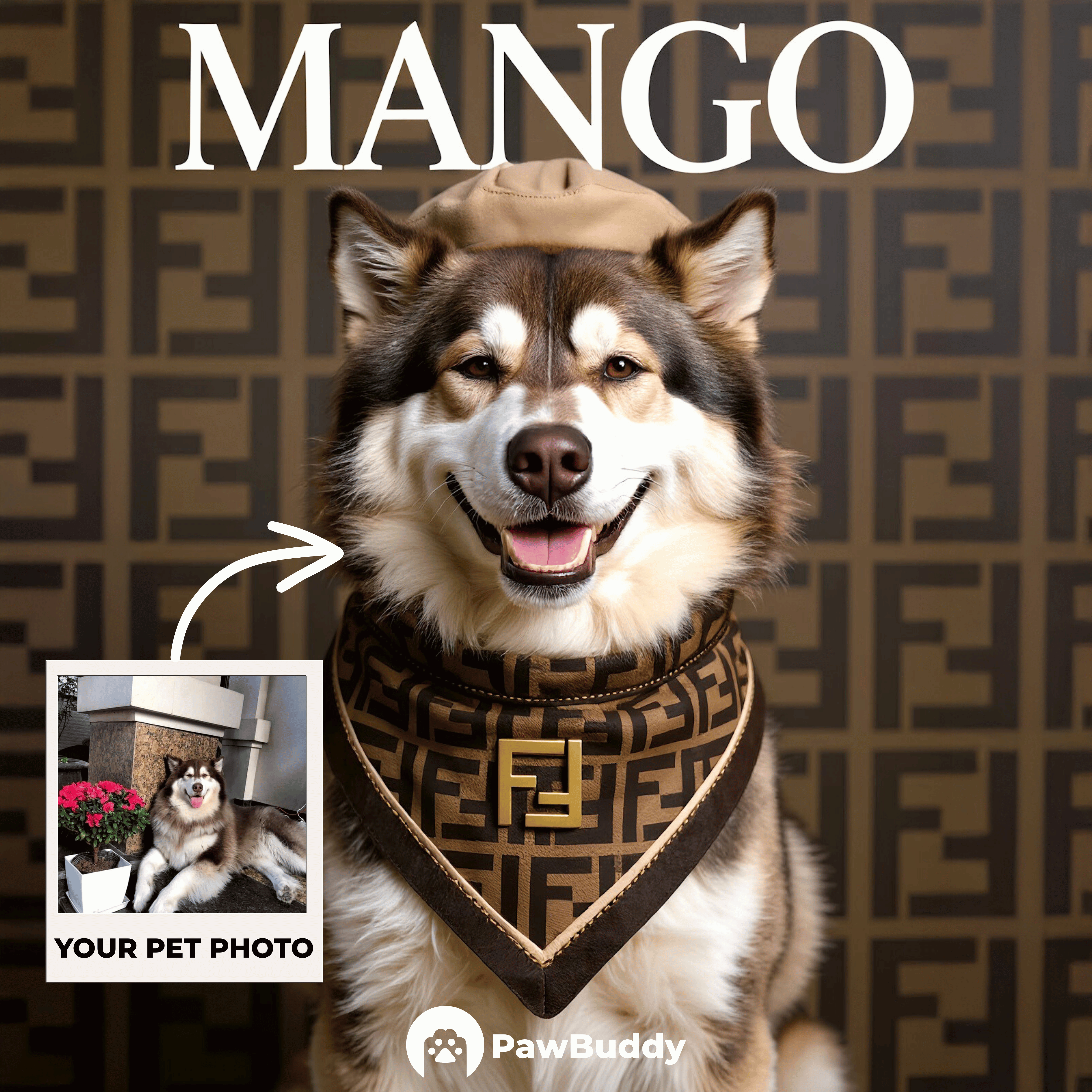 Custom Pet Portrait Monogram Luxe Italian Couture Style Digital Artwork – Personalized High-Resolution Artwork for Pet Lovers, Perfect for Online Sharing or as a Unique Luxury Keepsake
