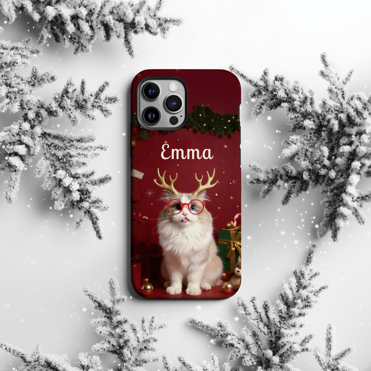 Custom Pet Phone Case for iPhone 11–17, Personalized Christmas Reindeer Red Gift Room Design with Santa Hat and Holiday Decor, Dual-Layer Shockproof PC+TPU Protective Cover with Glossy Wraparound Printing, Unique Gift for Pet Lovers