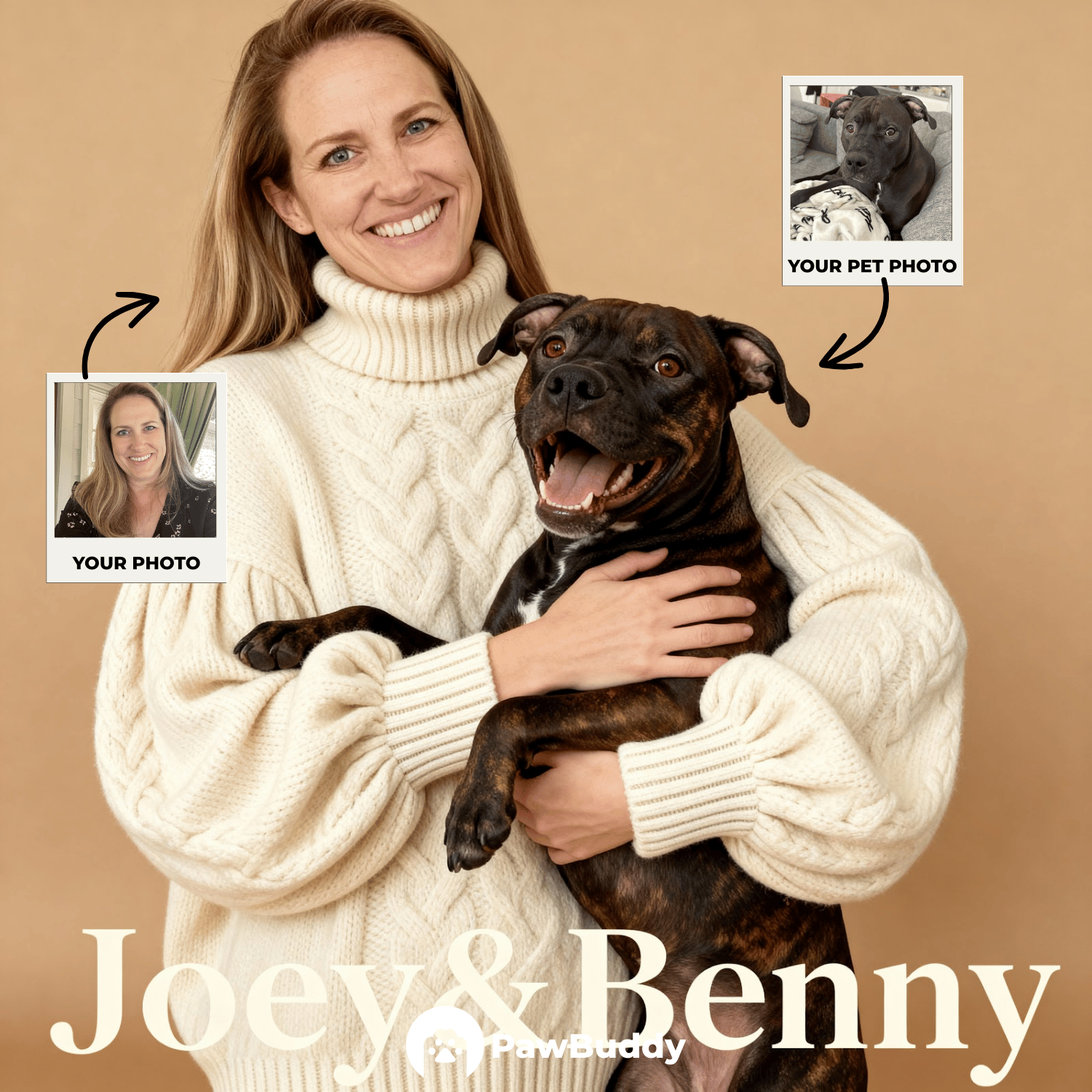 Custom Human & Pet Portrait Warm Beige Studio Hug Digital Artwork - Personalized High-Resolution Artwork for Pet Lovers, Perfect for Online Sharing or as a Unique Family-Themed Keepsake