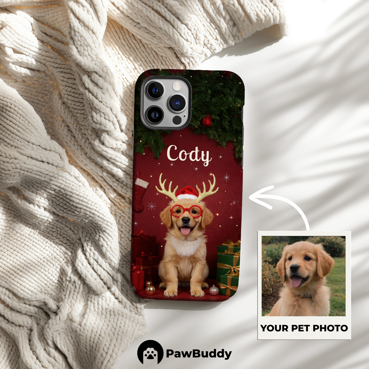 Custom Pet Phone Case for iPhone 11–17, Personalized Christmas Reindeer Red Gift Room Design with Santa Hat and Holiday Decor, Dual-Layer Shockproof PC+TPU Protective Cover with Glossy Wraparound Printing, Unique Gift for Pet Lovers