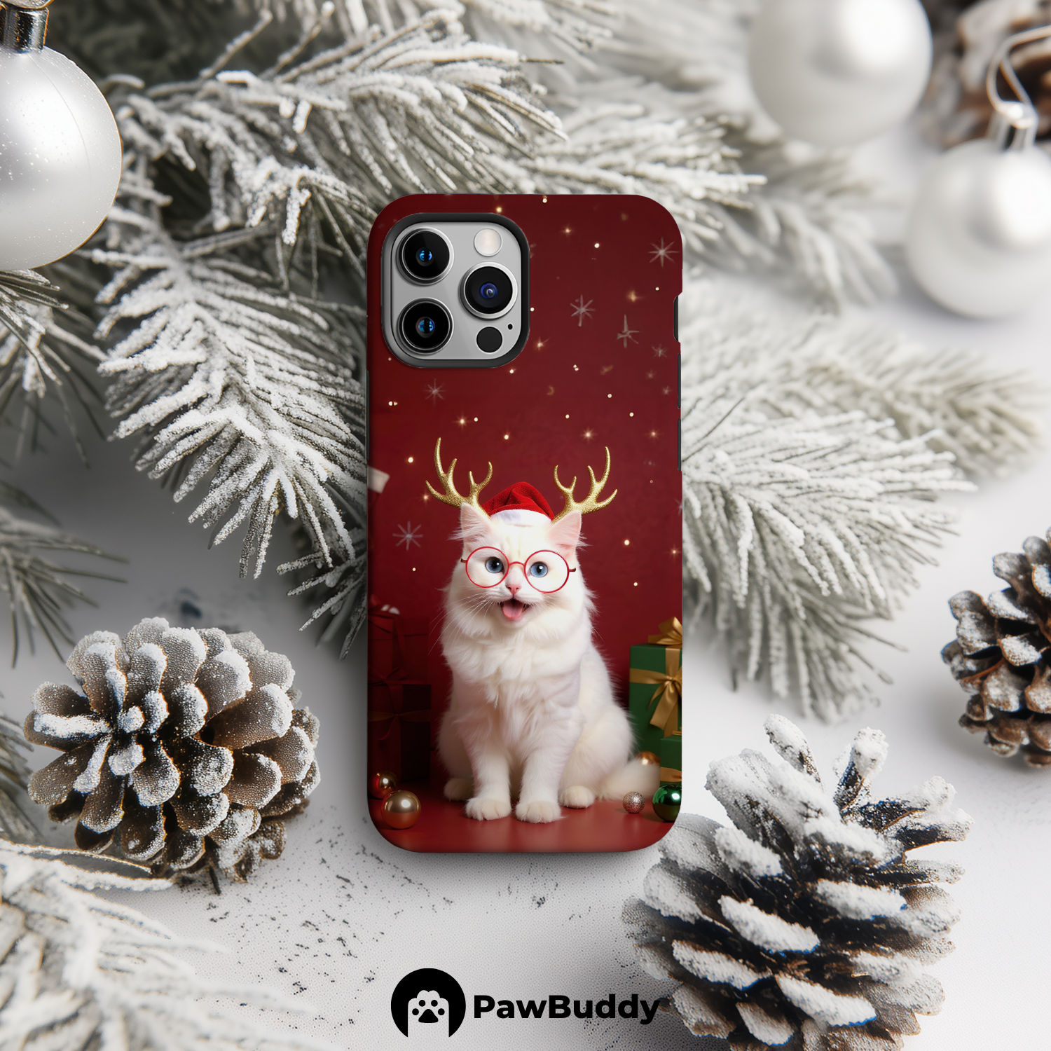 Custom Pet Phone Case for iPhone 11–17, Personalized Christmas Reindeer Red Gift Room Design with Santa Hat and Holiday Decor, Dual-Layer Shockproof PC+TPU Protective Cover with Glossy Wraparound Printing, Unique Gift for Pet Lovers