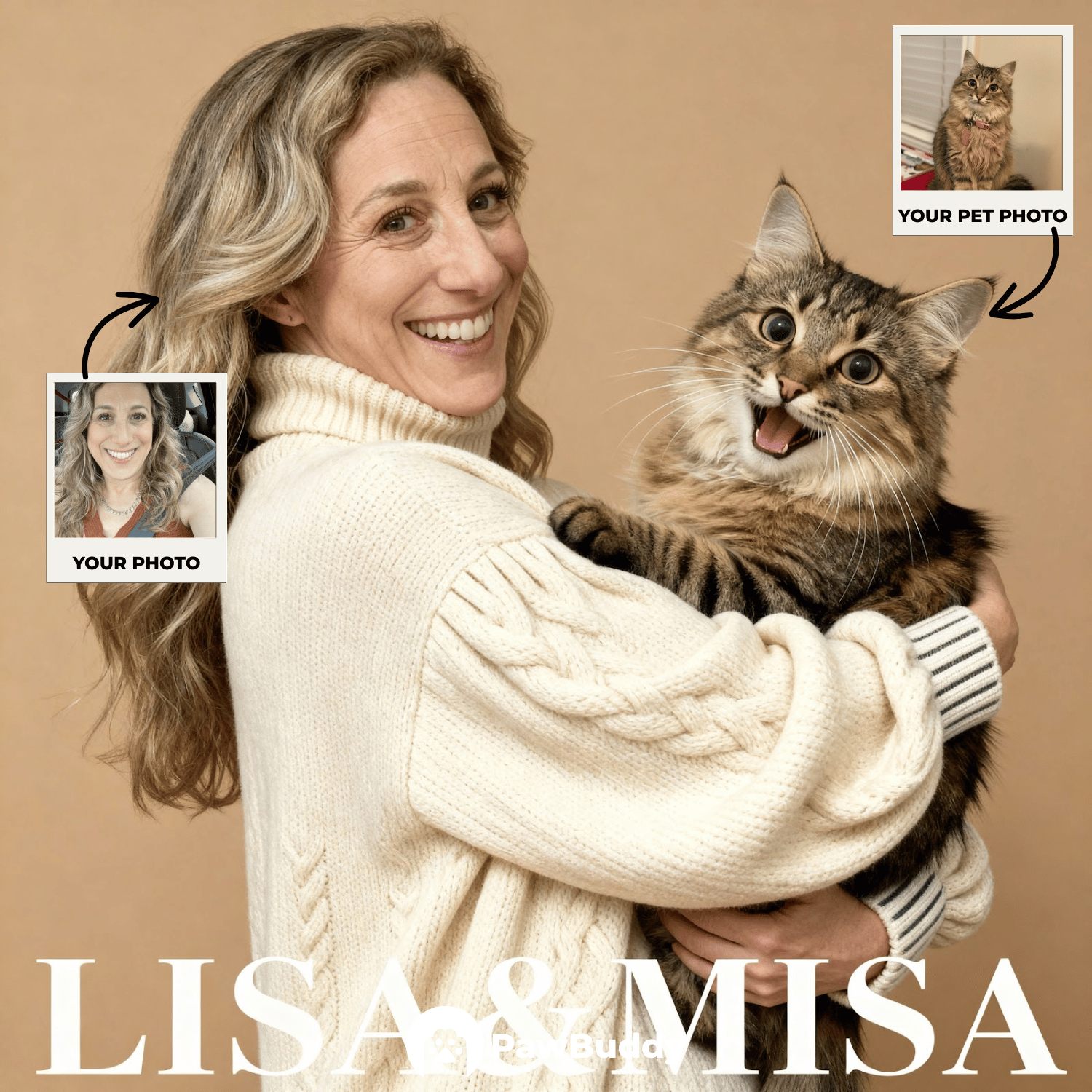 Custom Human & Pet Portrait Warm Beige Studio Hug Digital Artwork - Personalized High-Resolution Artwork for Pet Lovers, Perfect for Online Sharing or as a Unique Family-Themed Keepsake