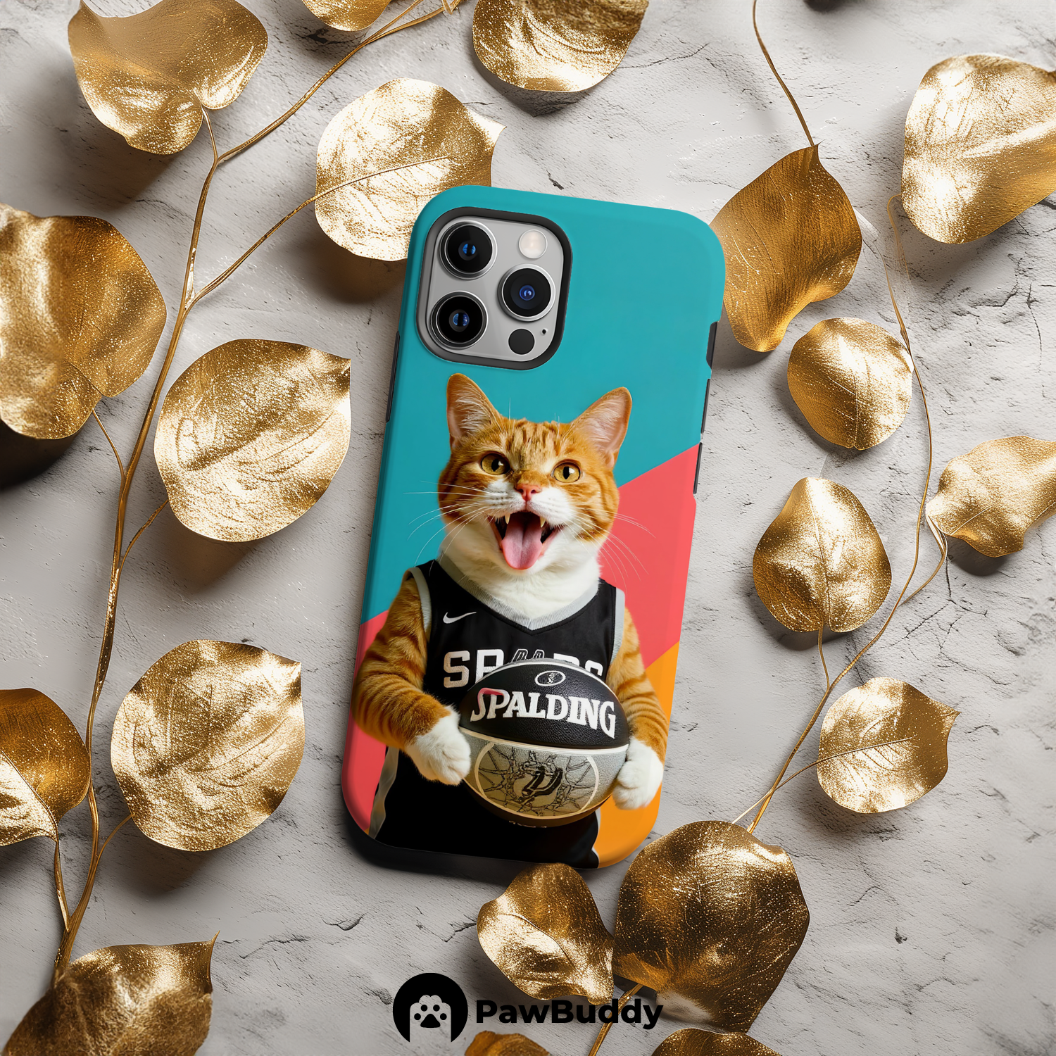 Custom Pet Phone Case for iPhone 11–17, Personalized Retro Teal Champion Basketball Portrait Design, Dual-Layer Shockproof PC+TPU Protective Cover with Glossy Wraparound Printing, Unique Gift for Pet Lovers