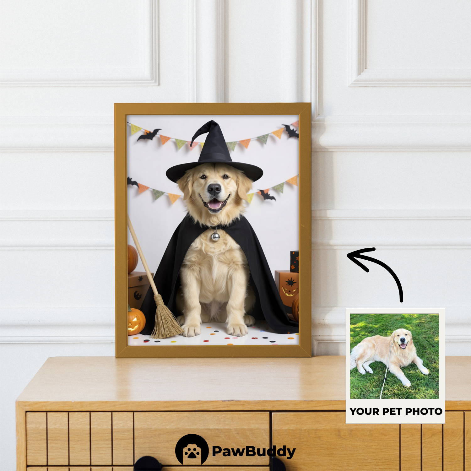 Custom Pet Poster Magical Witch Halloween Portrait – Personalized High-Resolution Matte Print for Wall Art, Home Decor, or Unique Gifts for Pet Lovers (Frame Not Included)