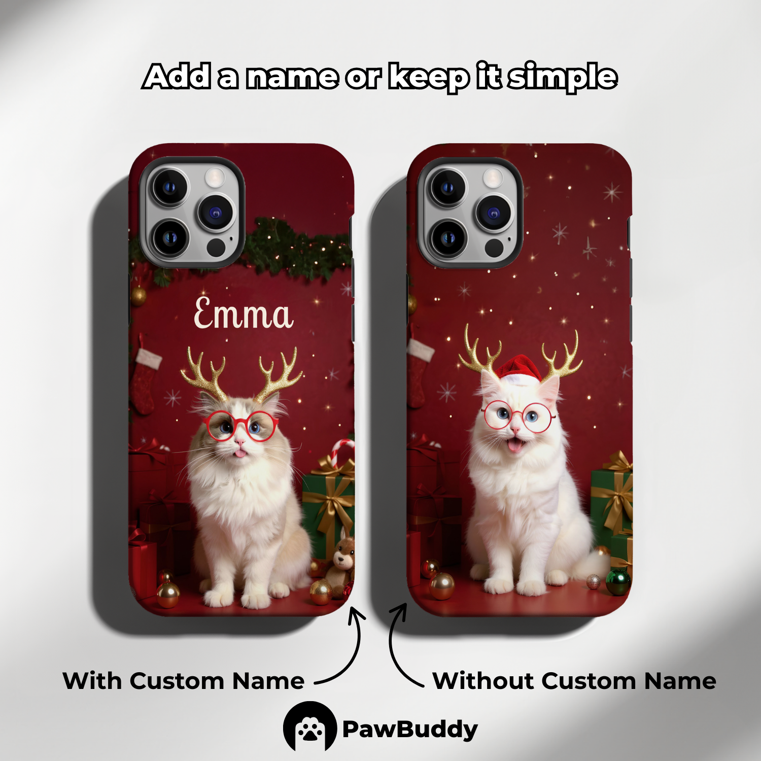 Custom Pet Phone Case for iPhone 11–17, Personalized Christmas Reindeer Red Gift Room Design with Santa Hat and Holiday Decor, Dual-Layer Shockproof PC+TPU Protective Cover with Glossy Wraparound Printing, Unique Gift for Pet Lovers
