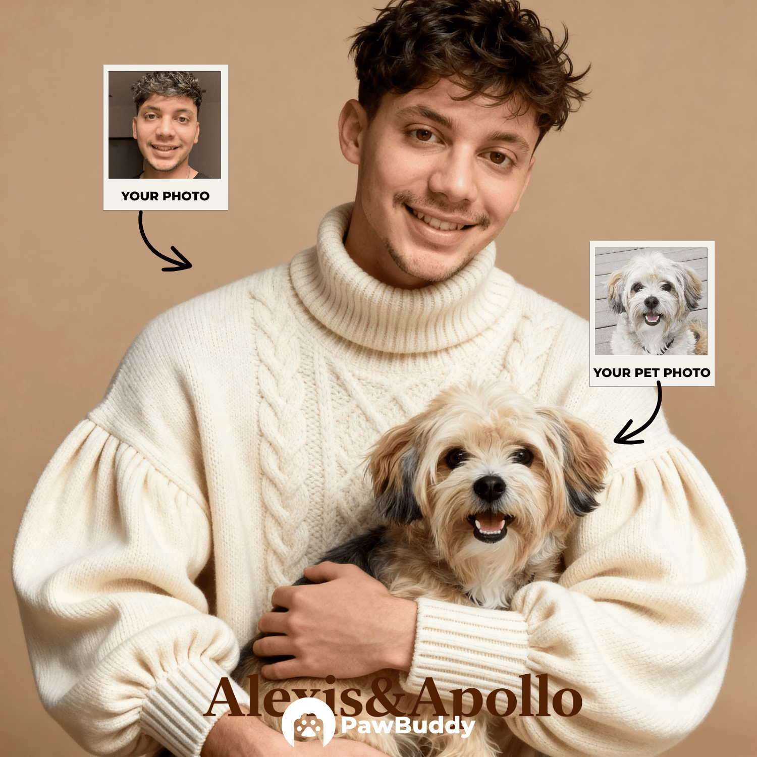 Custom Human & Pet Portrait Warm Beige Studio Hug Digital Artwork - Personalized High-Resolution Artwork for Pet Lovers, Perfect for Online Sharing or as a Unique Family-Themed Keepsake