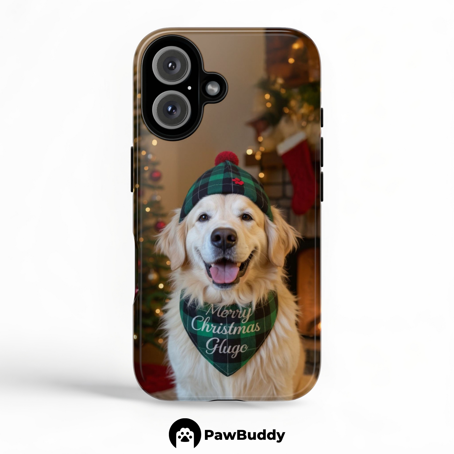 Custom Pet Phone Case for iPhone 11–17, Personalized Cozy Christmas Fireplace Studio Design with Green Plaid Hat and Scarf, Dual-Layer Shockproof PC+TPU Protective Cover with Glossy Wraparound Printing, Unique Gift for Pet Lovers