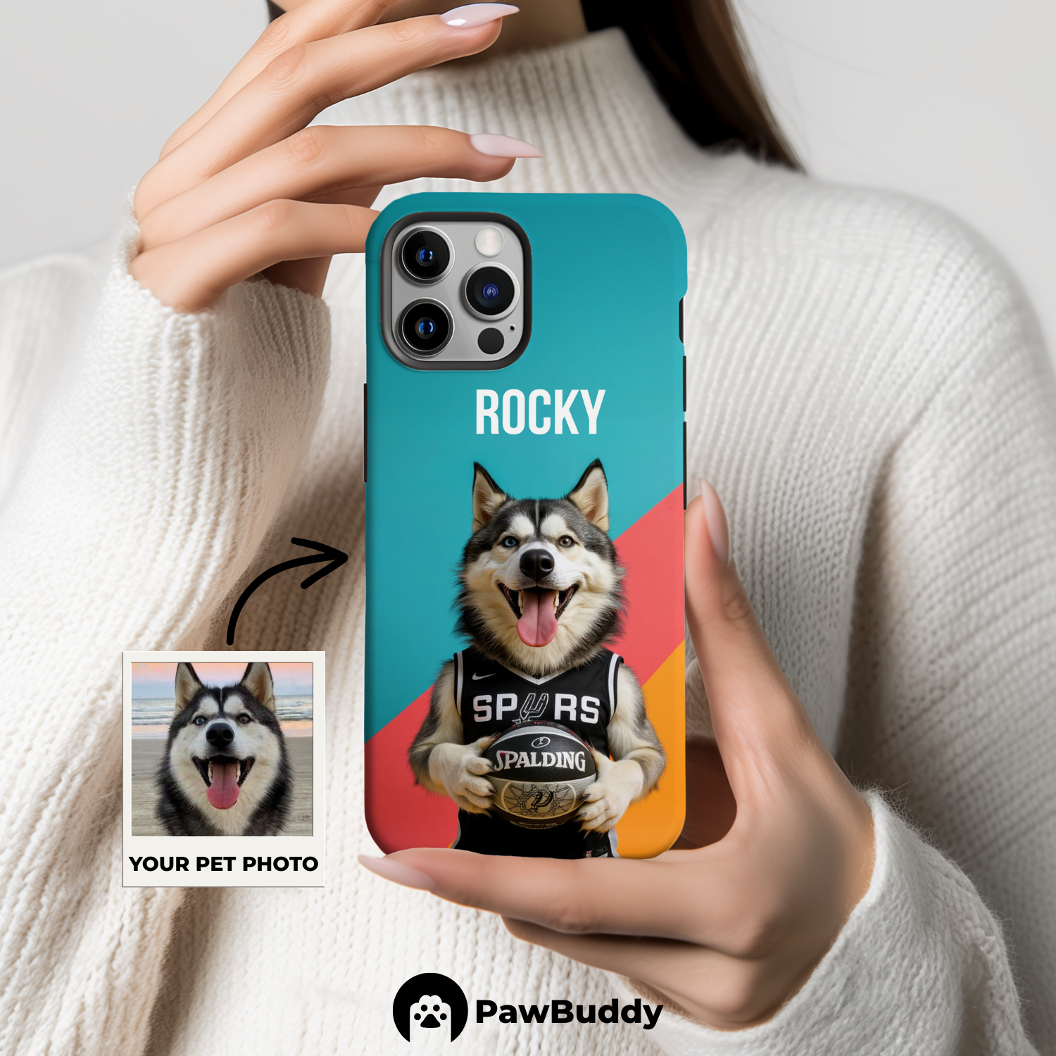 Custom Pet Phone Case for iPhone 11–17, Personalized Retro Teal Champion Basketball Portrait Design, Dual-Layer Shockproof PC+TPU Protective Cover with Glossy Wraparound Printing, Unique Gift for Pet Lovers