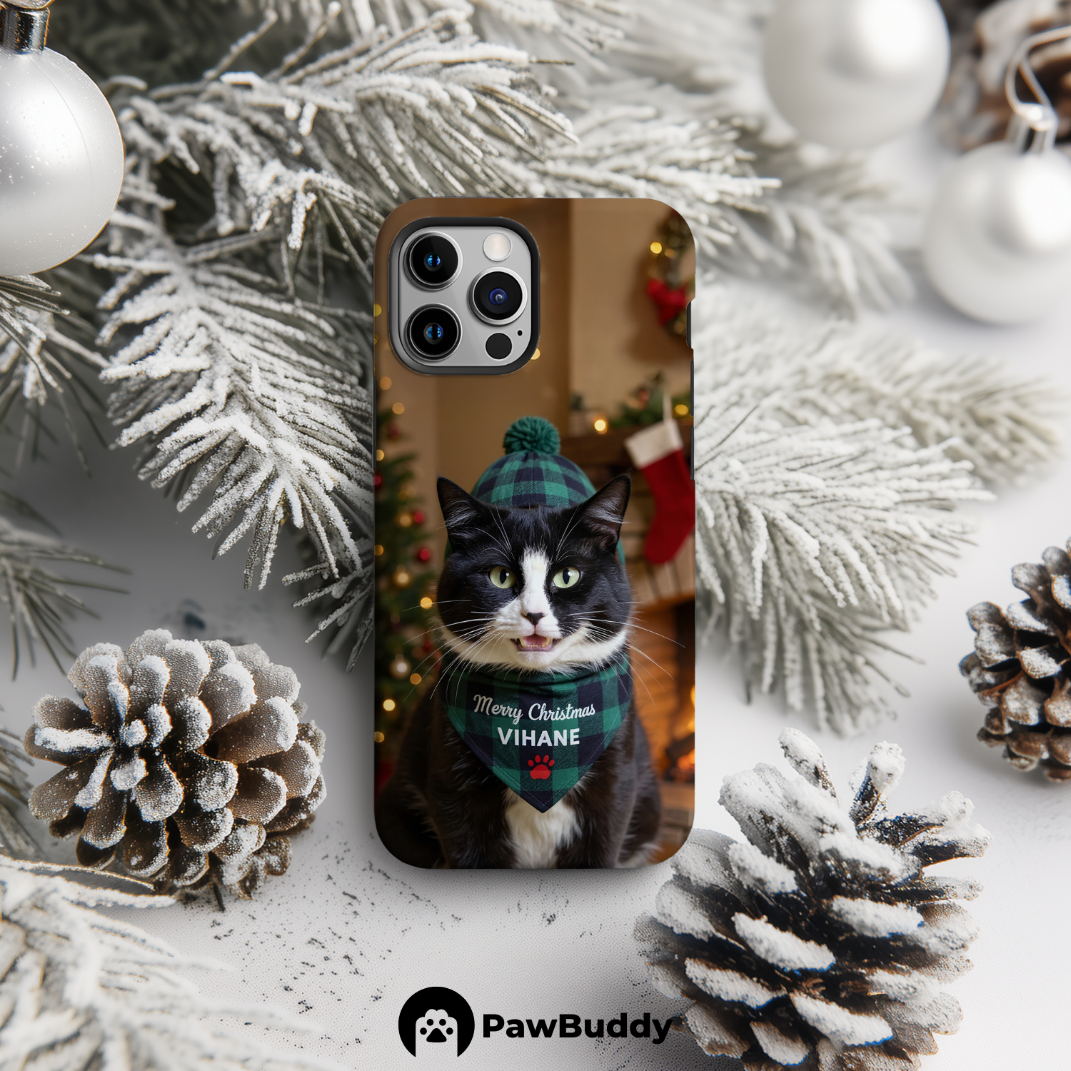 Custom Pet Phone Case for iPhone 11–17, Personalized Cozy Christmas Fireplace Studio Design with Green Plaid Hat and Scarf, Dual-Layer Shockproof PC+TPU Protective Cover with Glossy Wraparound Printing, Unique Gift for Pet Lovers