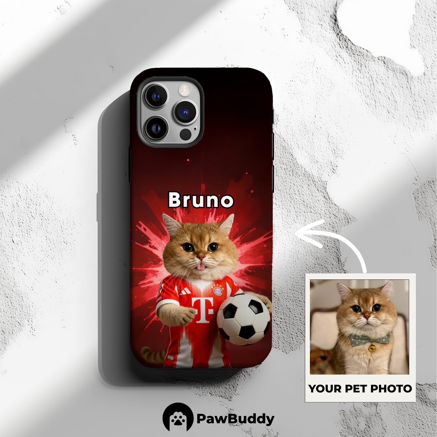 Custom Pet Phone Case for iPhone 11–17, Personalized Soccer Red Fireworks Stadium Design with Jersey and Ball, Dual-Layer Shockproof PC+TPU Protective Cover with Glossy Wraparound Printing, Unique Gift for Pet Lovers
