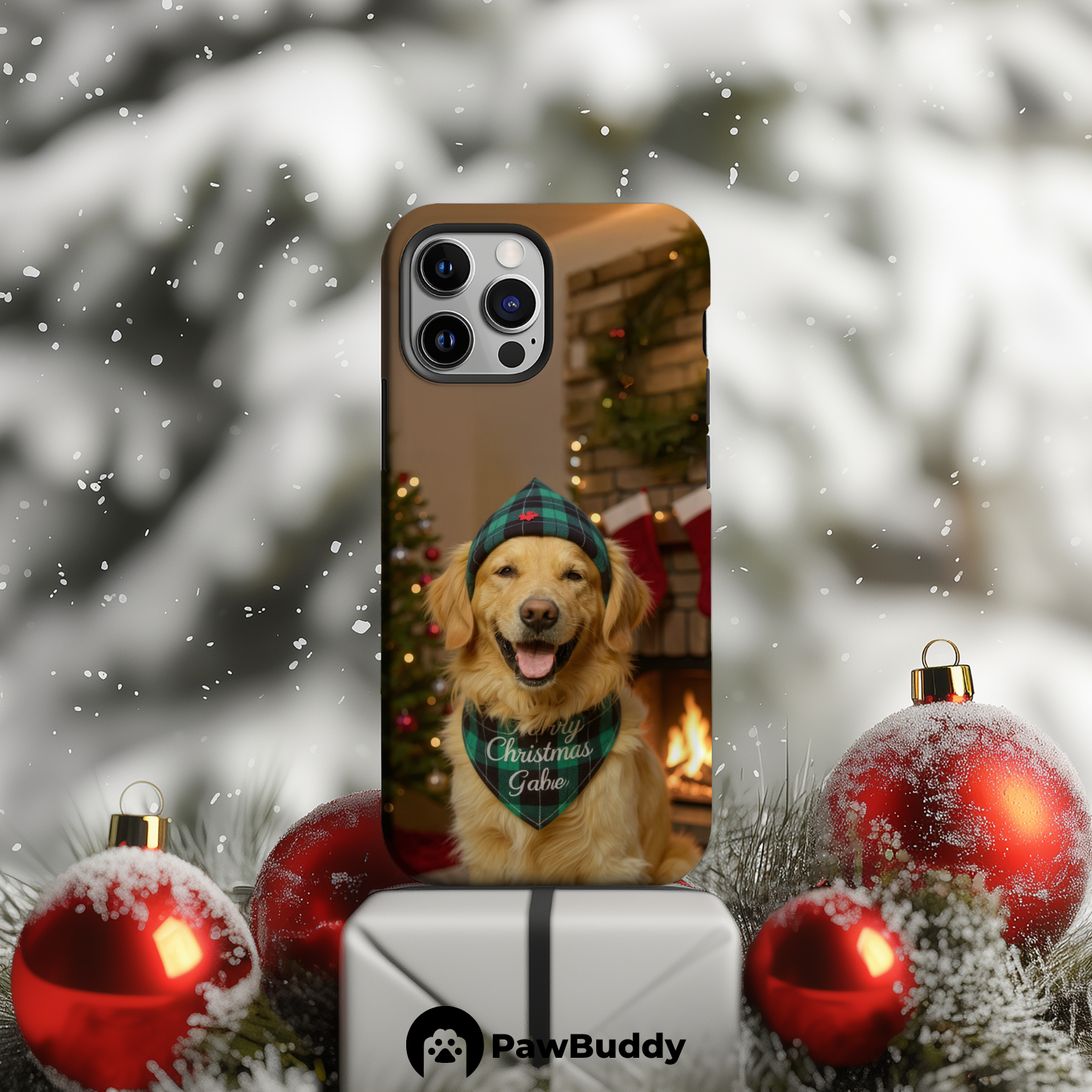 Custom Pet Phone Case for iPhone 11–17, Personalized Cozy Christmas Fireplace Studio Design with Green Plaid Hat and Scarf, Dual-Layer Shockproof PC+TPU Protective Cover with Glossy Wraparound Printing, Unique Gift for Pet Lovers