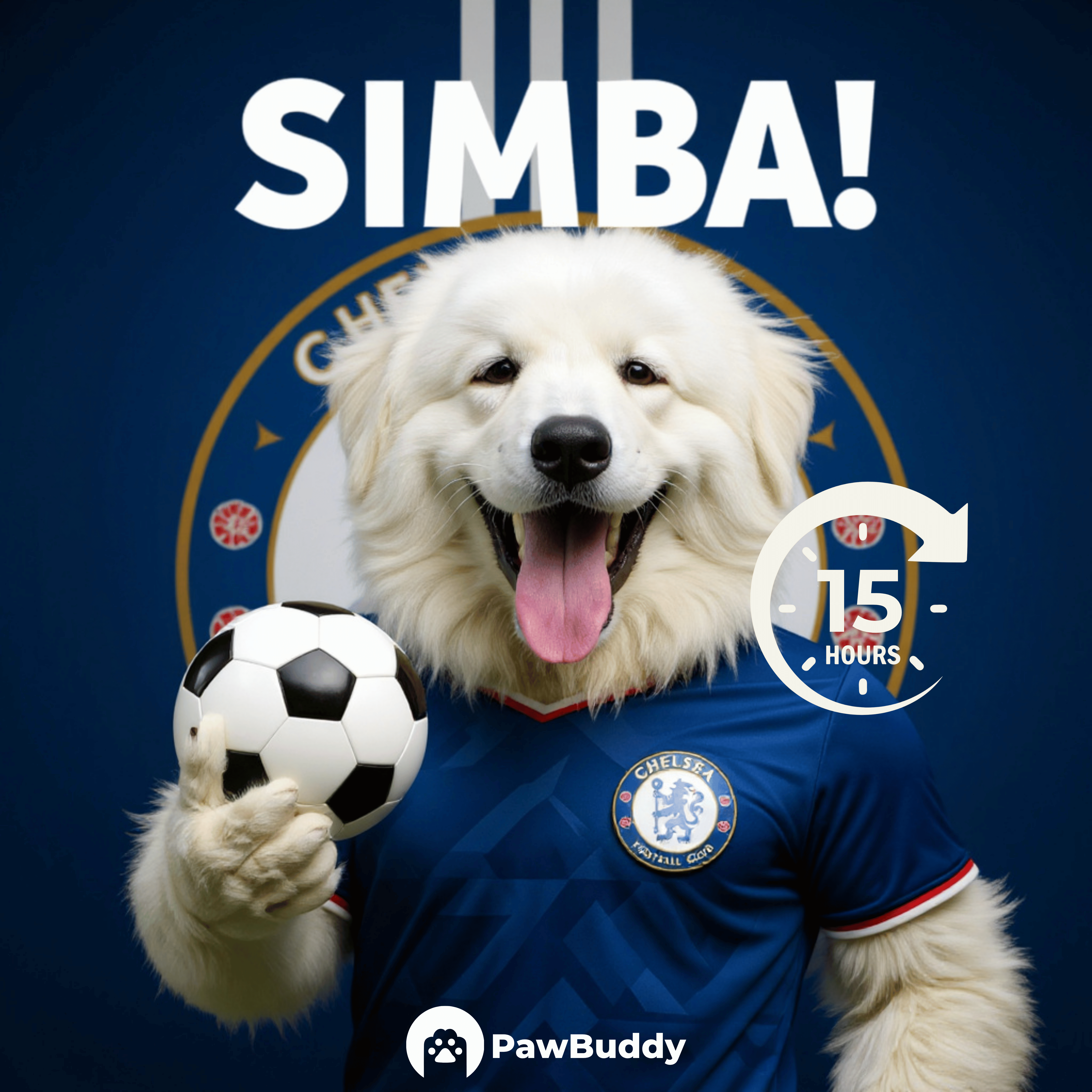 Custom Pet Portrait Royal Blue Glory Soccer Style Digital Artwork – Personalized High-Resolution Artwork for Pet Lovers, Perfect for Online Sharing or as a Unique Sports-Themed Keepsake