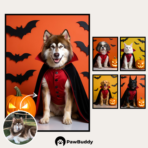 Custom Digital Art Halloween Vampire Pet Portrait – Personalized High-Resolution 3:4 Ratio File for Printing, Online Sharing, or Unique Digital Keepsakes