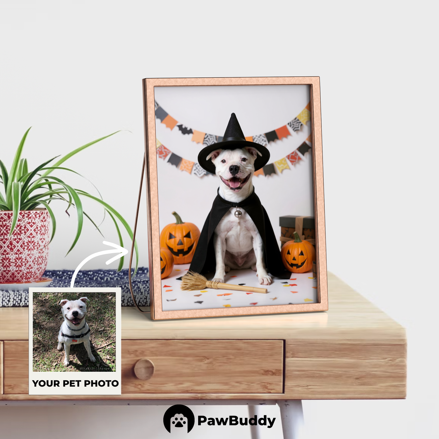 Custom Pet Poster Magical Witch Halloween Portrait – Personalized High-Resolution Matte Print for Wall Art, Home Decor, or Unique Gifts for Pet Lovers (Frame Not Included)