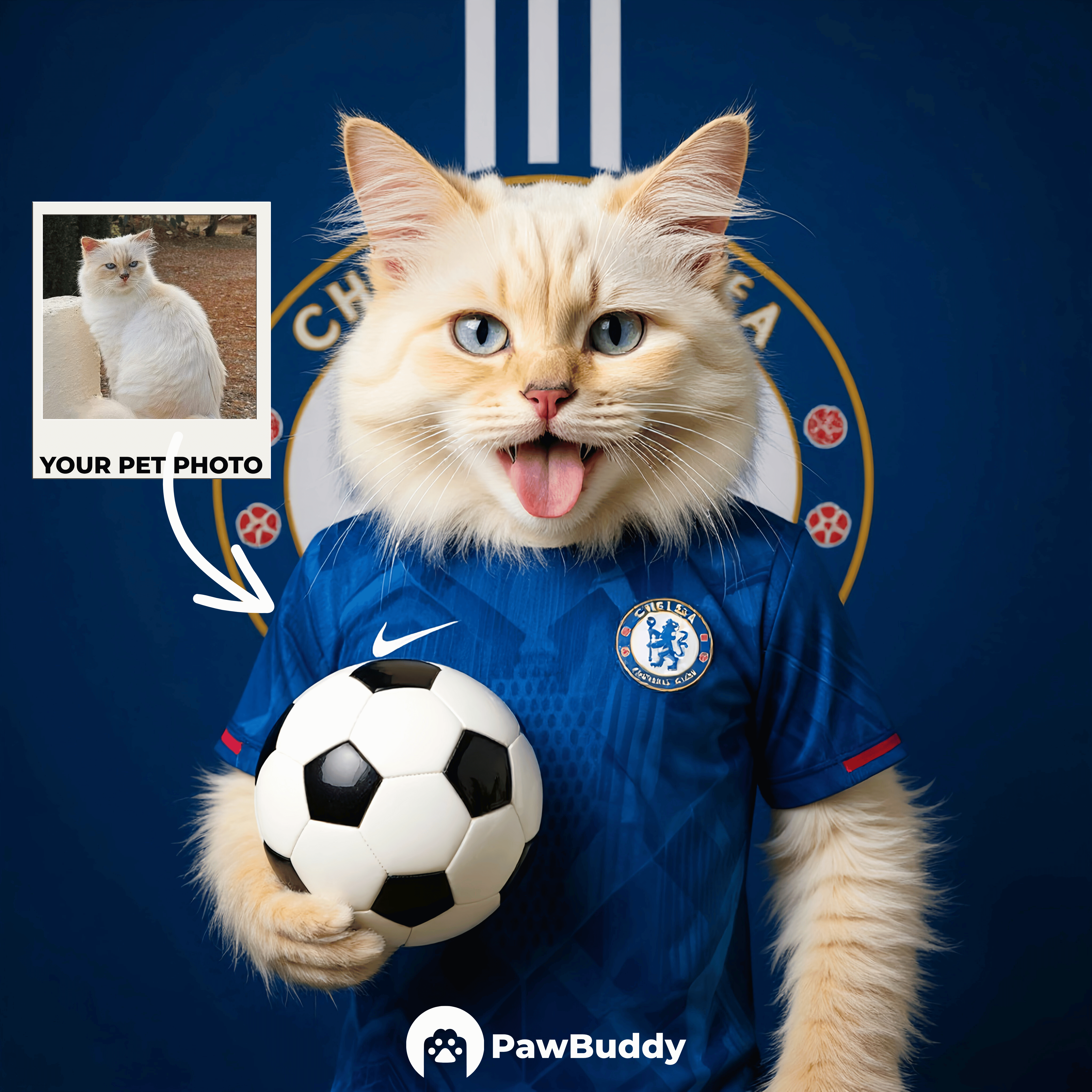 Custom Pet Portrait Royal Blue Glory Soccer Style Digital Artwork – Personalized High-Resolution Artwork for Pet Lovers, Perfect for Online Sharing or as a Unique Sports-Themed Keepsake