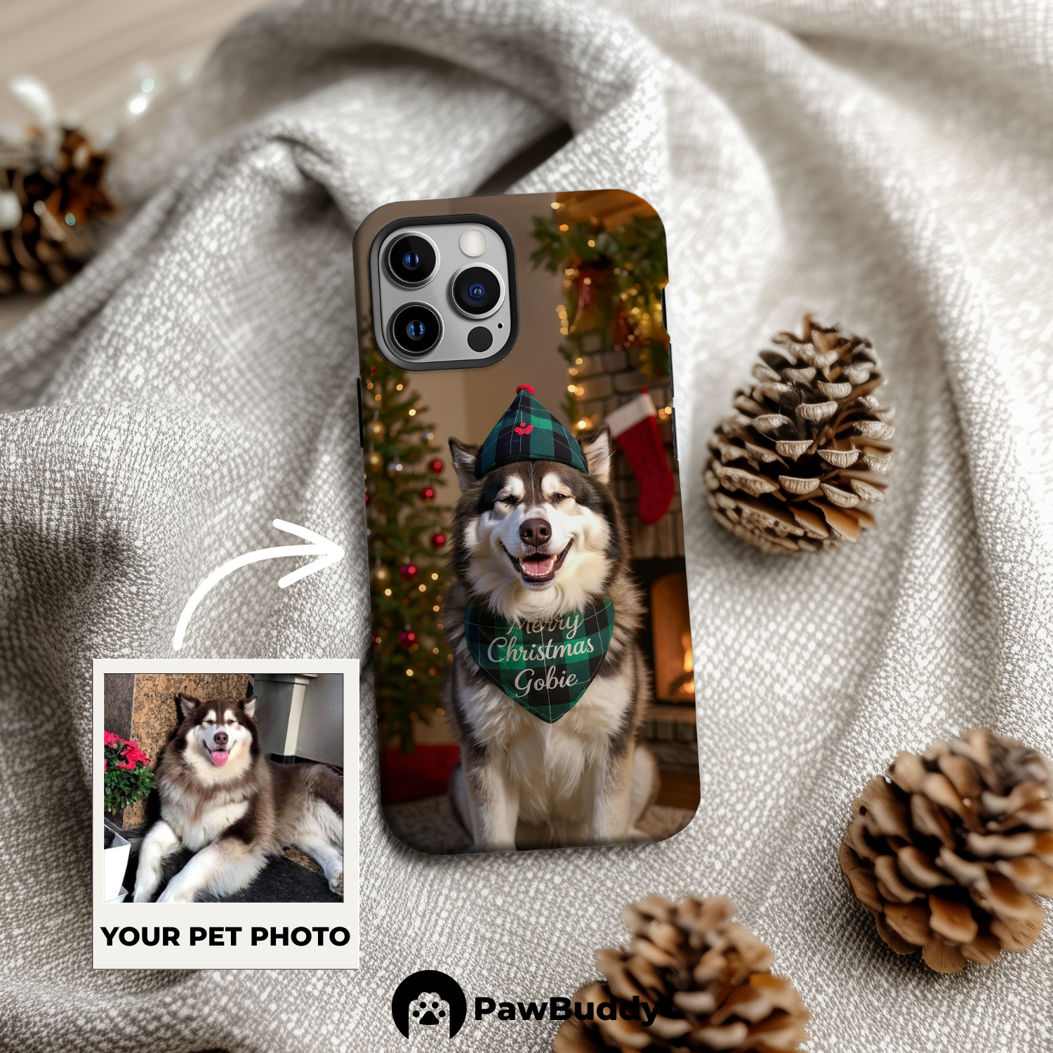 Custom Pet Phone Case for iPhone 11–17, Personalized Cozy Christmas Fireplace Studio Design with Green Plaid Hat and Scarf, Dual-Layer Shockproof PC+TPU Protective Cover with Glossy Wraparound Printing, Unique Gift for Pet Lovers