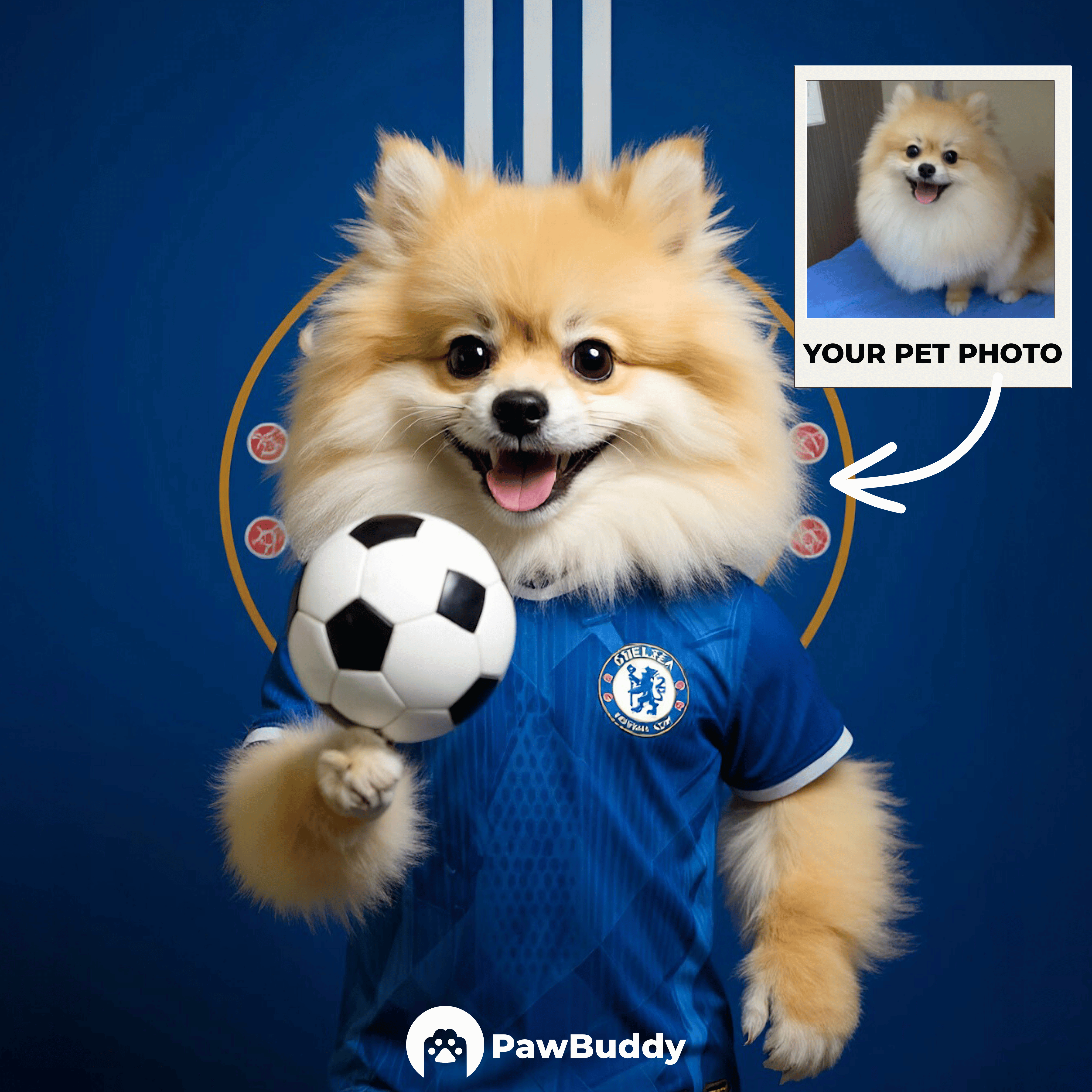 Custom Pet Portrait Royal Blue Glory Soccer Style Digital Artwork – Personalized High-Resolution Artwork for Pet Lovers, Perfect for Online Sharing or as a Unique Sports-Themed Keepsake