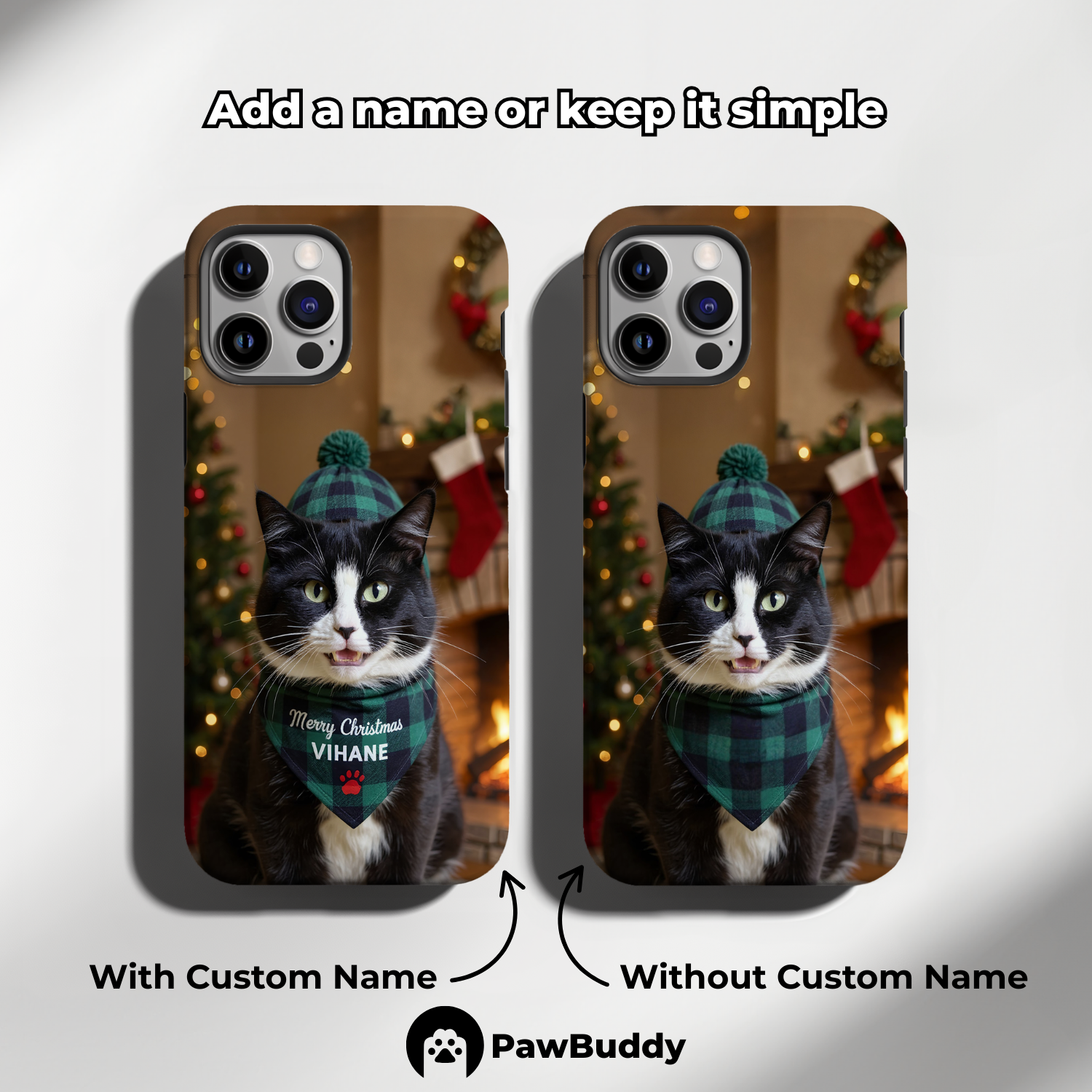 Custom Pet Phone Case for iPhone 11–17, Personalized Cozy Christmas Fireplace Studio Design with Green Plaid Hat and Scarf, Dual-Layer Shockproof PC+TPU Protective Cover with Glossy Wraparound Printing, Unique Gift for Pet Lovers