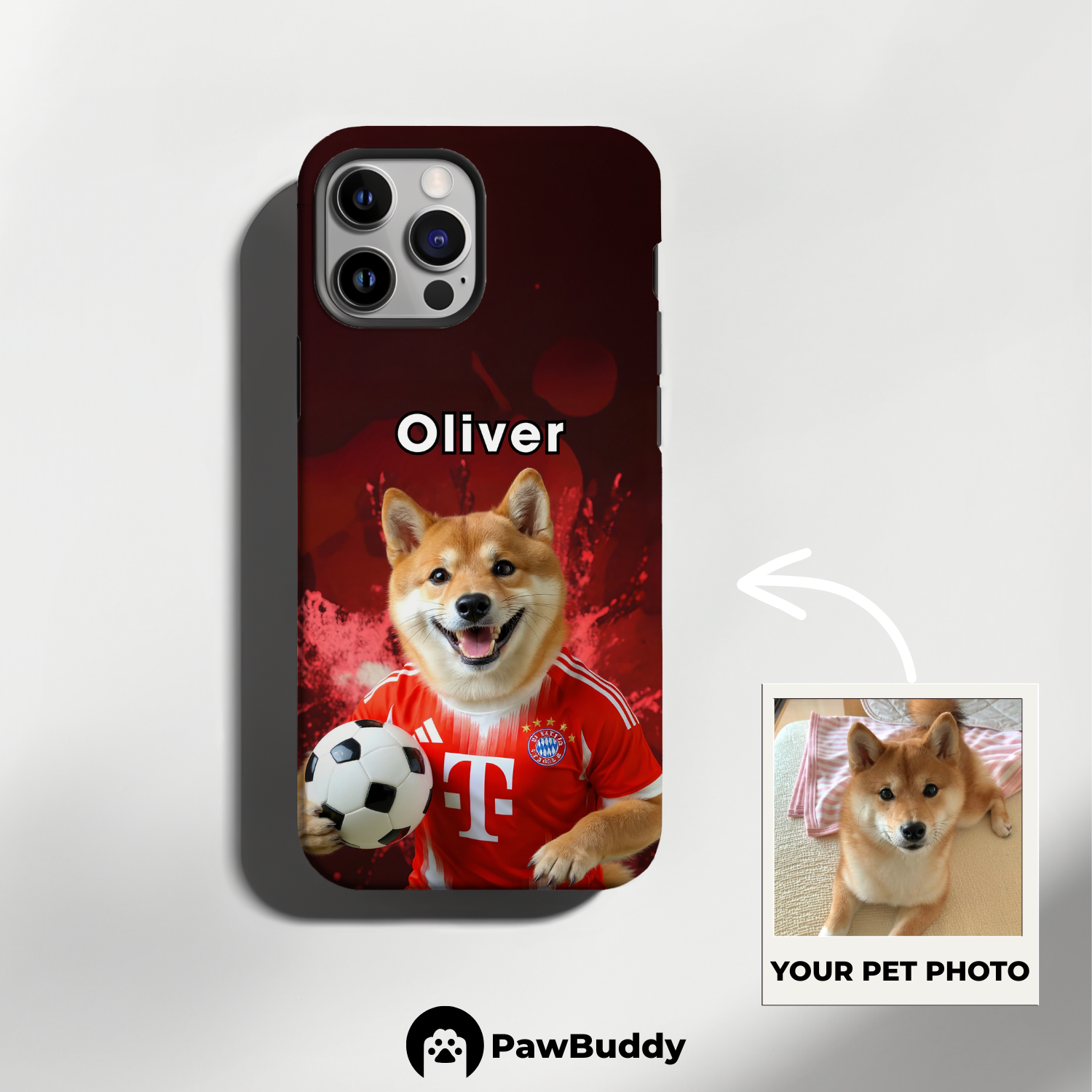 Custom Pet Phone Case for iPhone 11–17, Personalized Soccer Red Fireworks Stadium Design with Jersey and Ball, Dual-Layer Shockproof PC+TPU Protective Cover with Glossy Wraparound Printing, Unique Gift for Pet Lovers