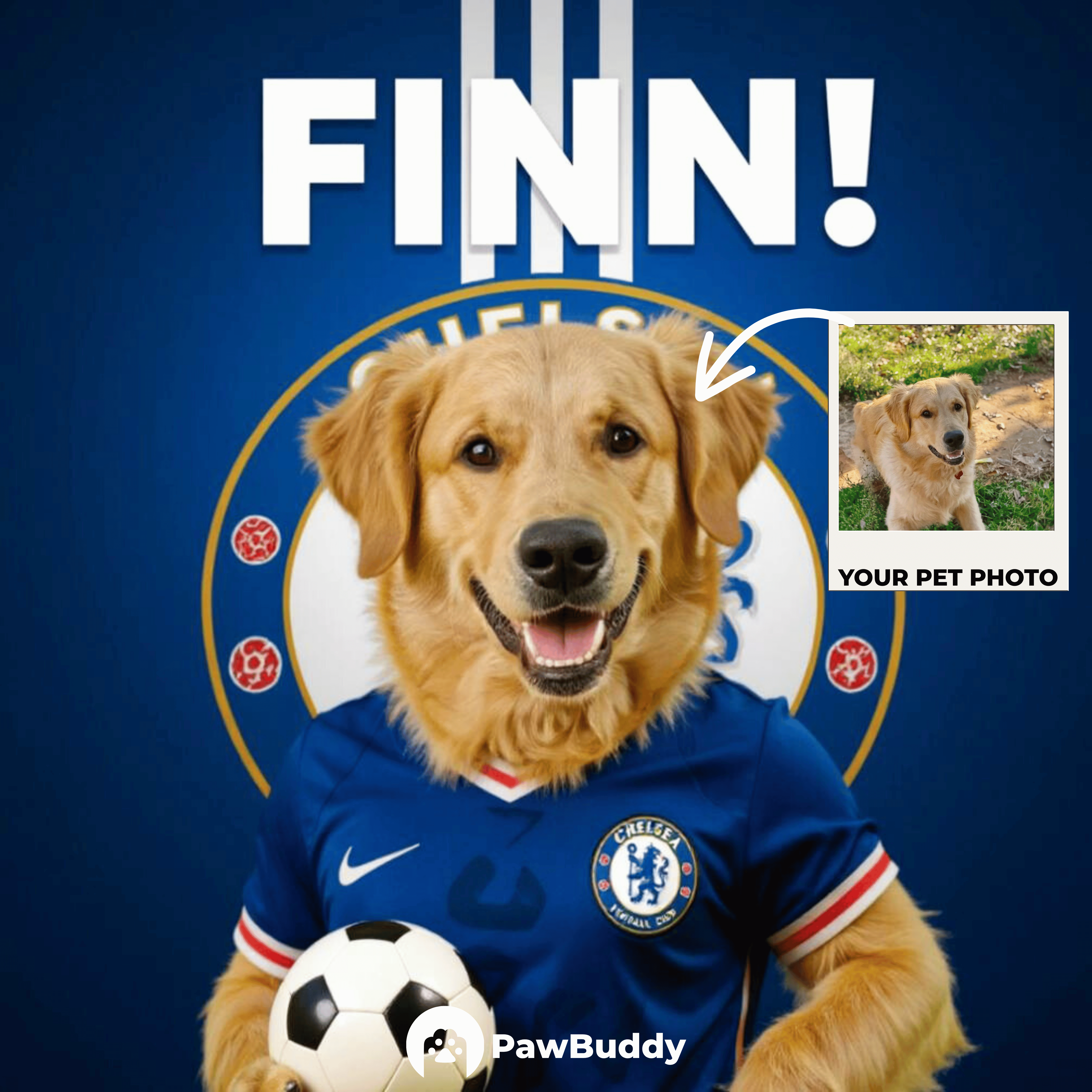 Custom Pet Portrait Royal Blue Glory Soccer Style Digital Artwork – Personalized High-Resolution Artwork for Pet Lovers, Perfect for Online Sharing or as a Unique Sports-Themed Keepsake