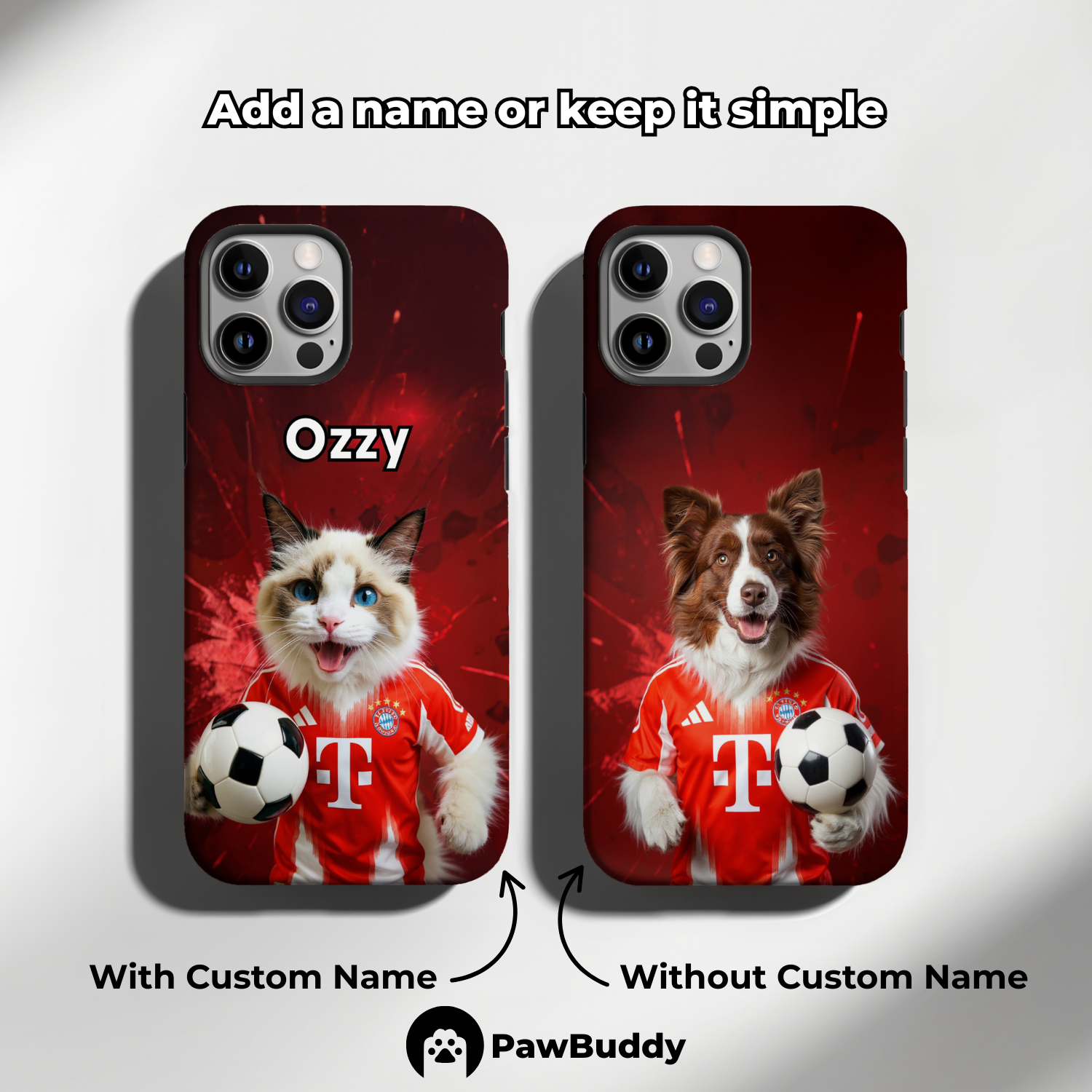 Custom Pet Phone Case for iPhone 11–17, Personalized Soccer Red Fireworks Stadium Design with Jersey and Ball, Dual-Layer Shockproof PC+TPU Protective Cover with Glossy Wraparound Printing, Unique Gift for Pet Lovers