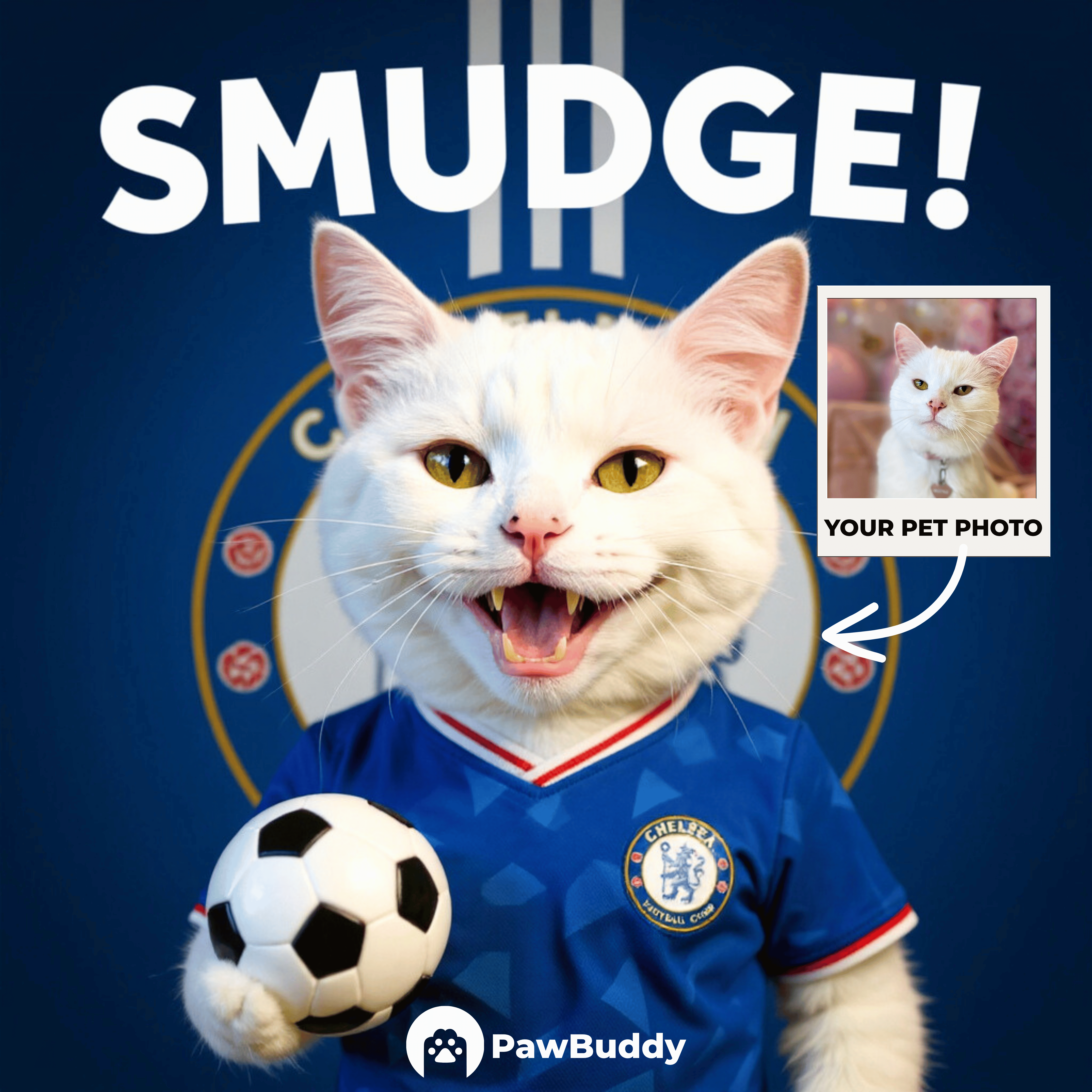 Custom Pet Portrait Royal Blue Glory Soccer Style Digital Artwork – Personalized High-Resolution Artwork for Pet Lovers, Perfect for Online Sharing or as a Unique Sports-Themed Keepsake
