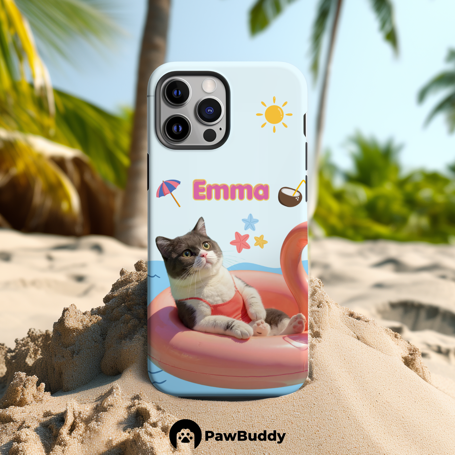 Custom Pet Phone Case for iPhone 11–17, Personalized Summer Pool Float Pink Flamingo Design with Tropical Icons, Dual-Layer Shockproof PC+TPU Protective Cover with Glossy Wraparound Printing, Unique Gift for Pet Lovers