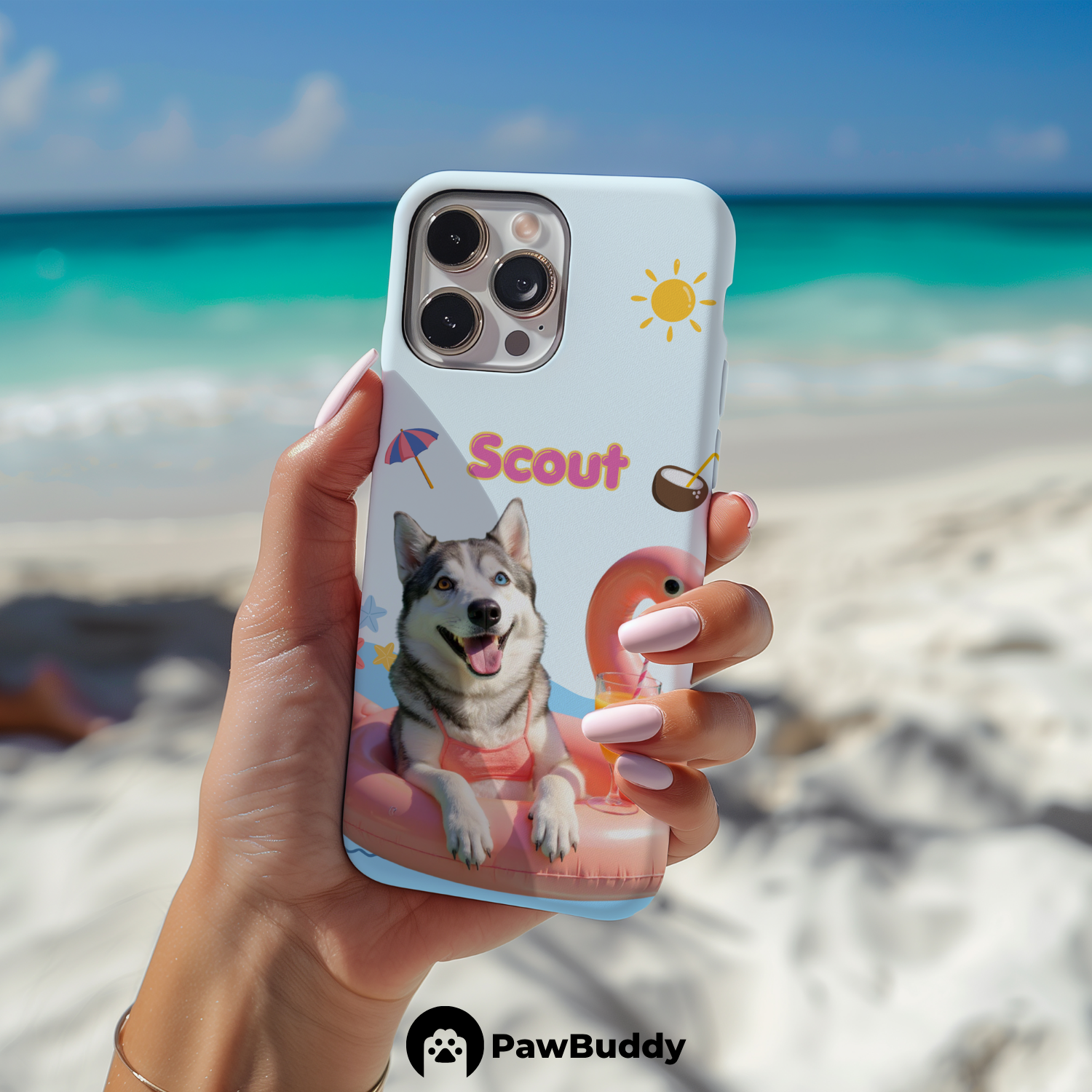 Custom Pet Phone Case for iPhone 11–17, Personalized Summer Pool Float Pink Flamingo Design with Tropical Icons, Dual-Layer Shockproof PC+TPU Protective Cover with Glossy Wraparound Printing, Unique Gift for Pet Lovers