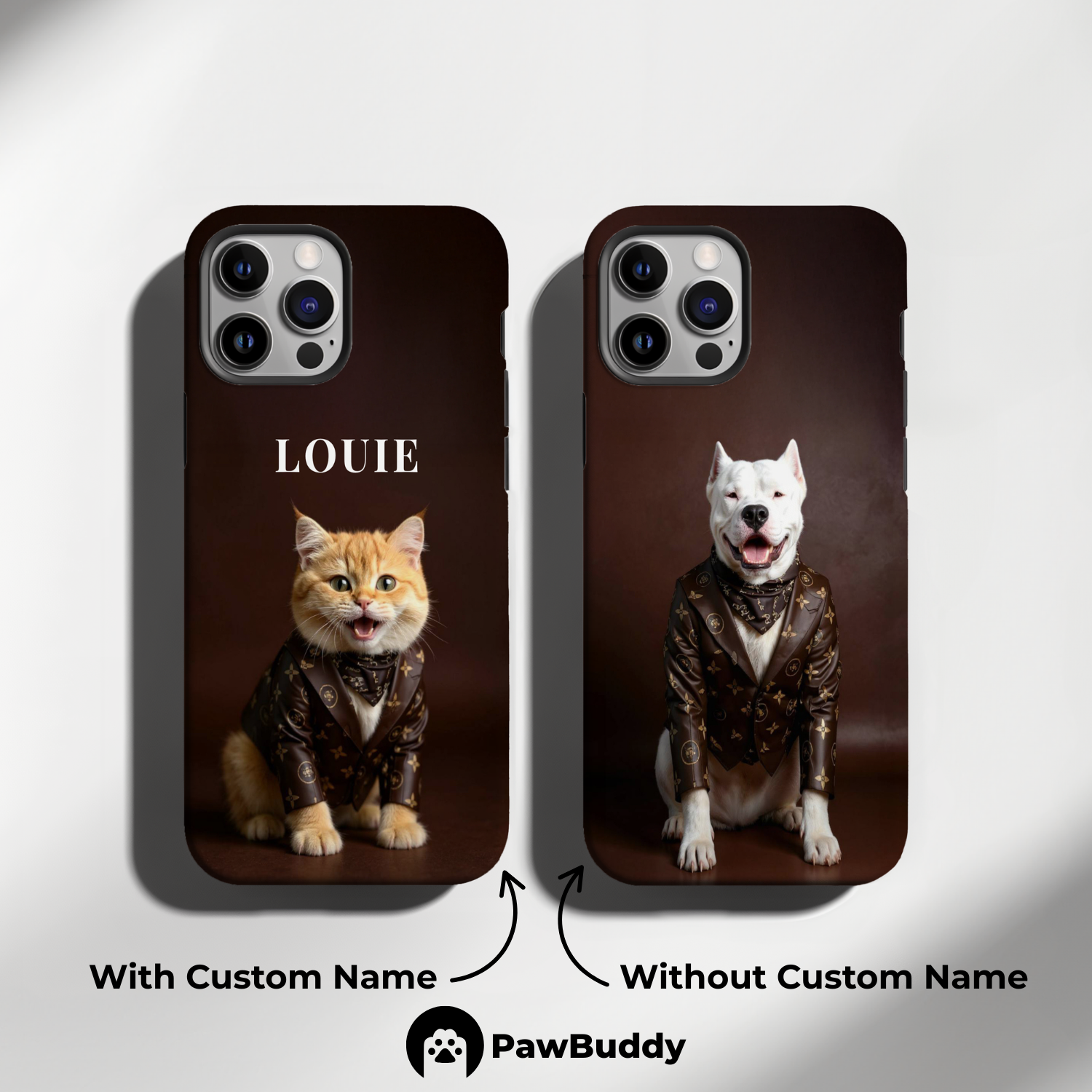 Custom Pet Phone Case for iPhone 11–17, Personalized Dark Brown Suit Studio Portrait Design, Dual-Layer Shockproof PC+TPU Protective Cover with Glossy Wraparound Printing, Unique Gift for Pet
