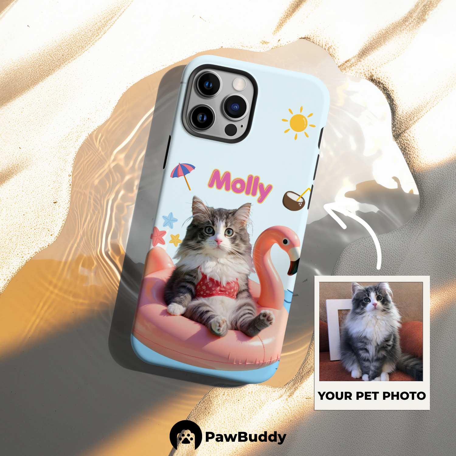 Custom Pet Phone Case for iPhone 11–17, Personalized Summer Pool Float Pink Flamingo Design with Tropical Icons, Dual-Layer Shockproof PC+TPU Protective Cover with Glossy Wraparound Printing, Unique Gift for Pet Lovers