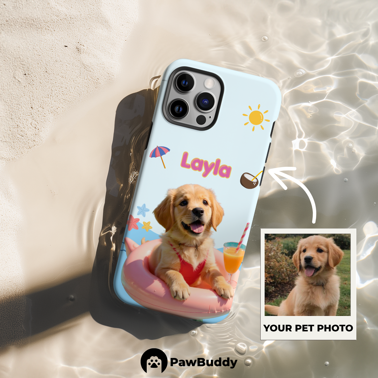 Custom Pet Phone Case for iPhone 11–17, Personalized Summer Pool Float Pink Flamingo Design with Tropical Icons, Dual-Layer Shockproof PC+TPU Protective Cover with Glossy Wraparound Printing, Unique Gift for Pet Lovers