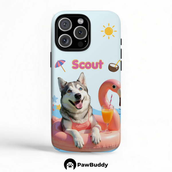 Custom Pet Phone Case for iPhone 11–17, Personalized Summer Pool Float Pink Flamingo Design with Tropical Icons, Dual-Layer Shockproof PC+TPU Protective Cover with Glossy Wraparound Printing, Unique Gift for Pet Lovers