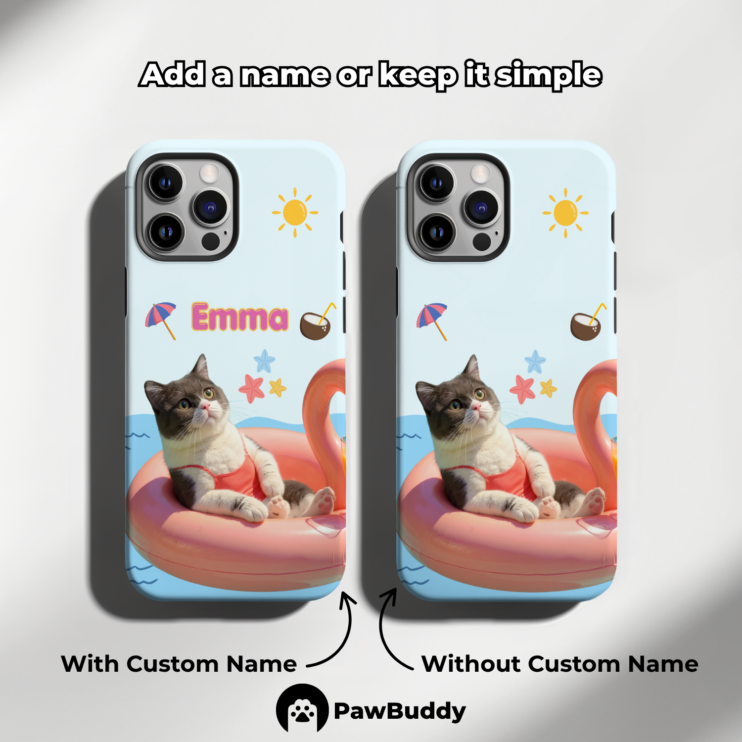Custom Pet Phone Case for iPhone 11–17, Personalized Summer Pool Float Pink Flamingo Design with Tropical Icons, Dual-Layer Shockproof PC+TPU Protective Cover with Glossy Wraparound Printing, Unique Gift for Pet Lovers