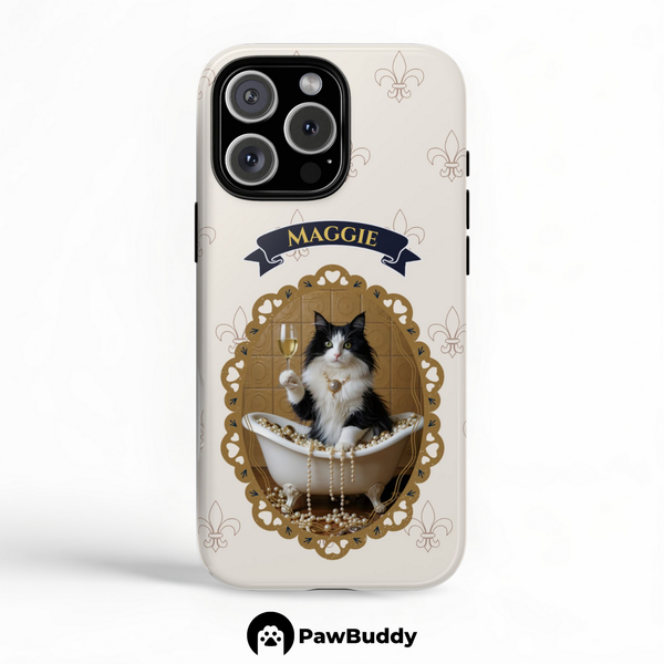 Custom Pet Phone Case for iPhone 11–17, Personalized Luxury Bathtub Gold Frame Design with Pearls and Champagne, Dual-Layer Shockproof PC+TPU Protective Cover with Glossy Wraparound Printing, Unique Gift for Pet Lovers