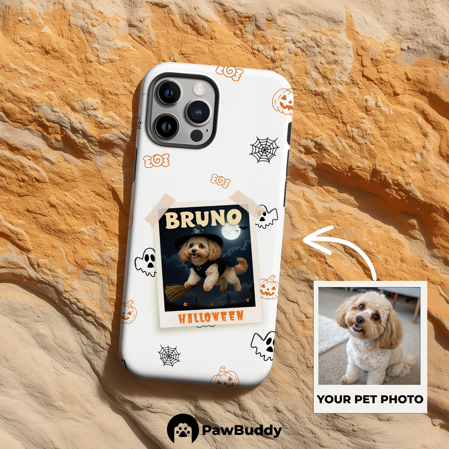 Custom Pet Phone Case for iPhone 11–17, Personalized Halloween Witch Polaroid Frame Design with Pumpkin and Ghost Icons, Dual-Layer Shockproof PC+TPU Protective Cover with Glossy Wraparound Printing, Unique Gift for Pet Lovers