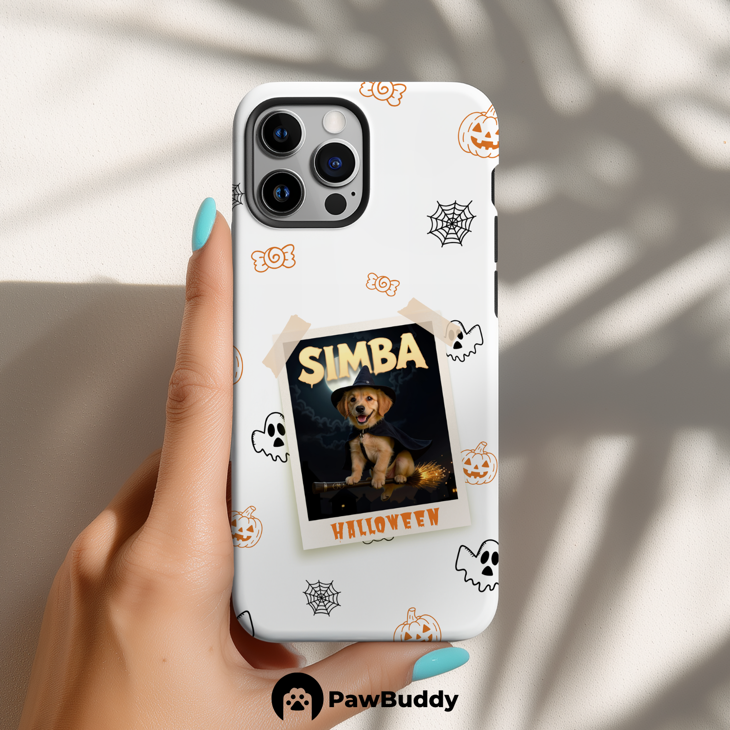 Custom Pet Phone Case for iPhone 11–17, Personalized Halloween Witch Polaroid Frame Design with Pumpkin and Ghost Icons, Dual-Layer Shockproof PC+TPU Protective Cover with Glossy Wraparound Printing, Unique Gift for Pet Lovers