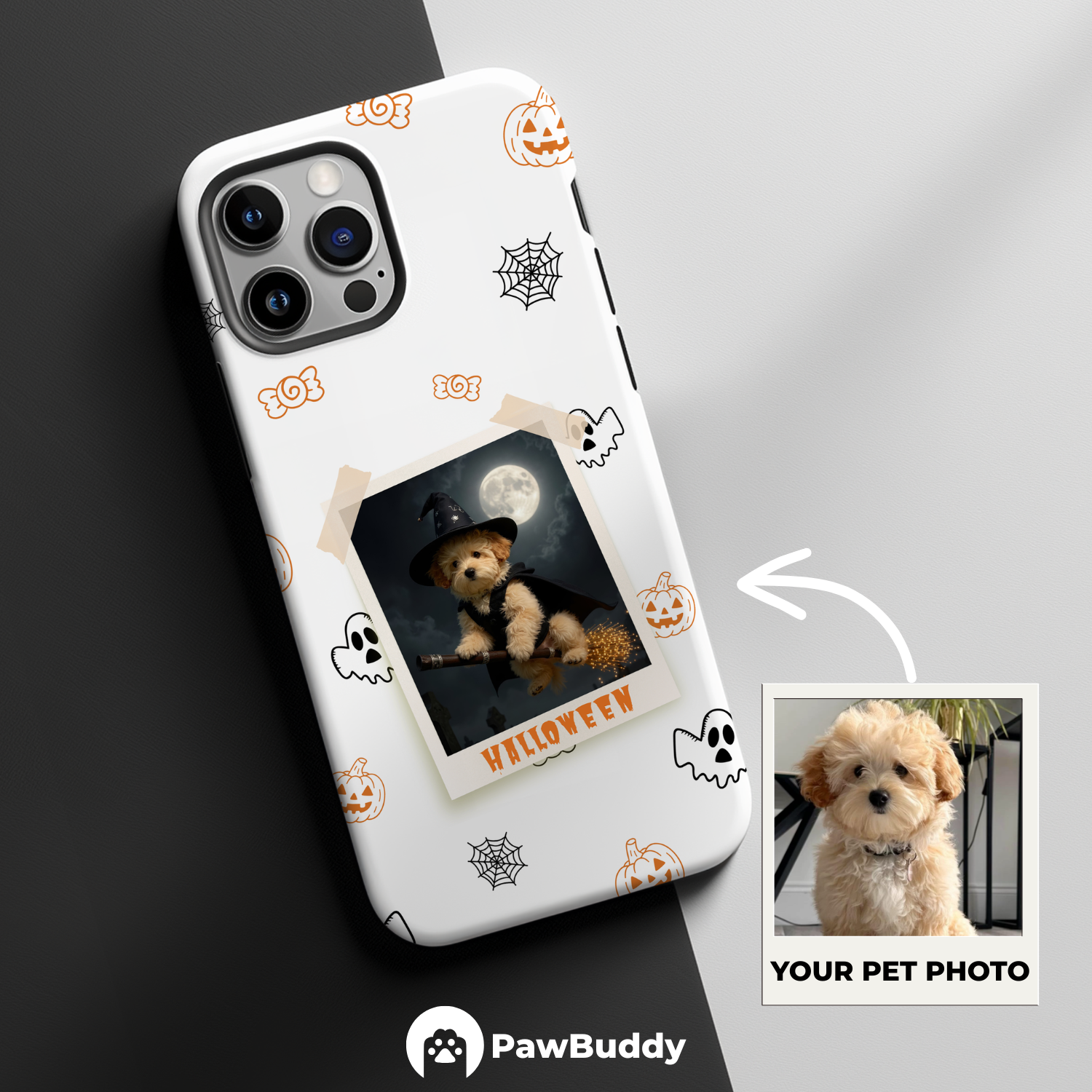 Custom Pet Phone Case for iPhone 11–17, Personalized Halloween Witch Polaroid Frame Design with Pumpkin and Ghost Icons, Dual-Layer Shockproof PC+TPU Protective Cover with Glossy Wraparound Printing, Unique Gift for Pet Lovers