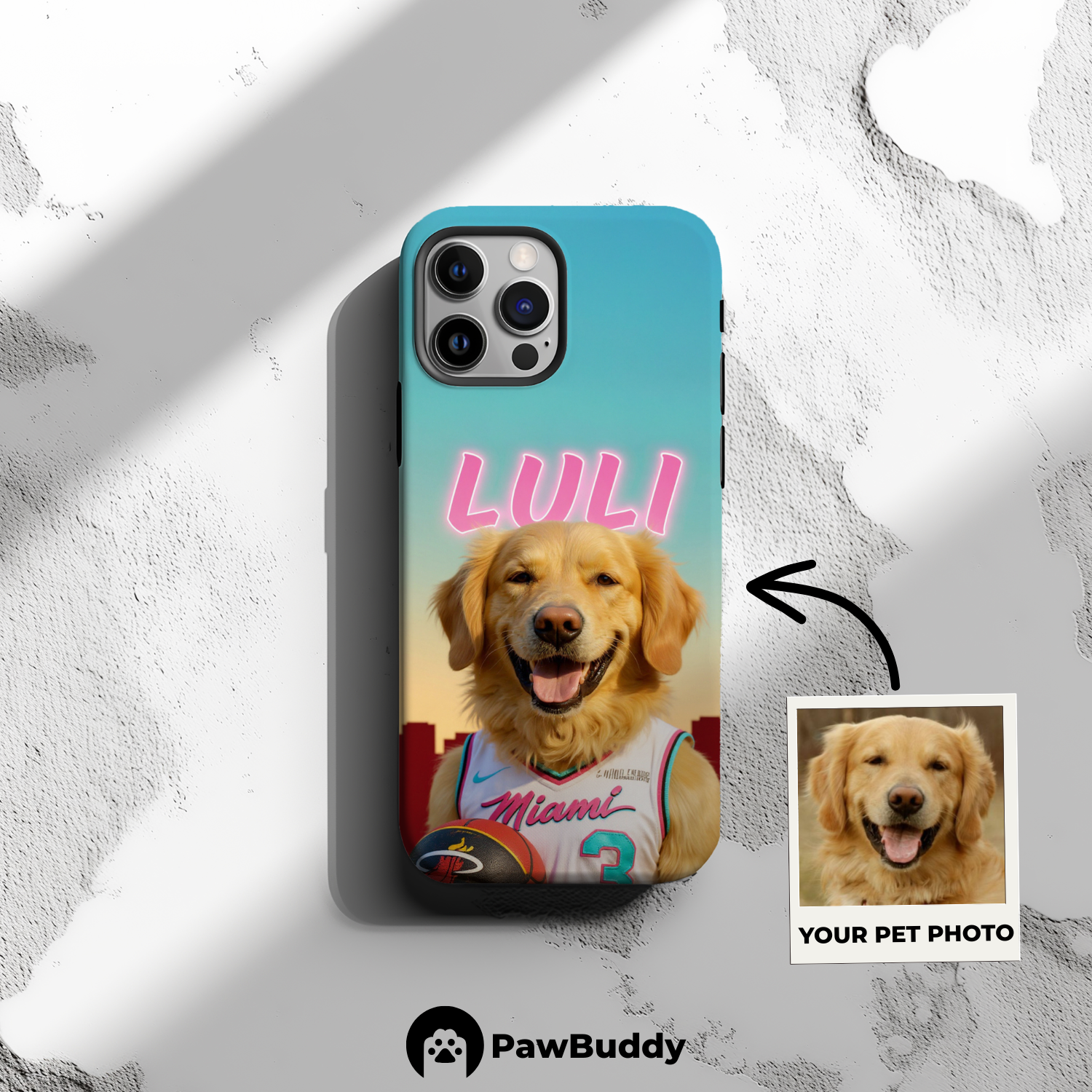Custom Pet Phone Case for iPhone 11–17, Personalized Sunset City Slam Basketball Portrait Design, Dual-Layer Shockproof PC+TPU Protective Cover with Glossy Wraparound Printing, Unique Gift for Pet Lovers