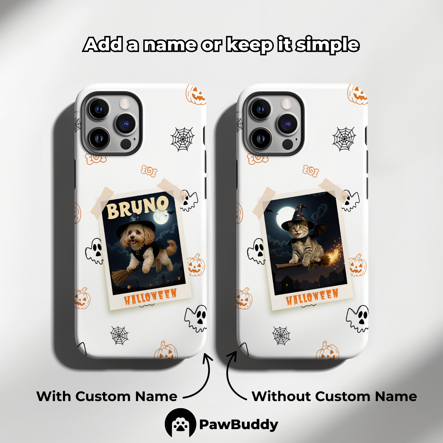 Custom Pet Phone Case for iPhone 11–17, Personalized Halloween Witch Polaroid Frame Design with Pumpkin and Ghost Icons, Dual-Layer Shockproof PC+TPU Protective Cover with Glossy Wraparound Printing, Unique Gift for Pet Lovers