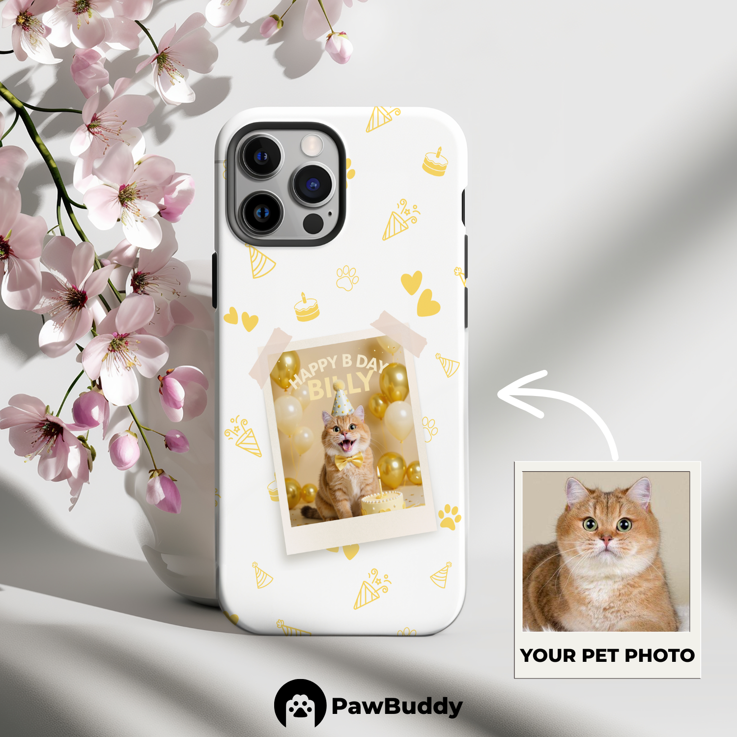 Custom Pet Phone Case for iPhone 11–17, Personalized Birthday Celebration Yellow Pattern with Polaroid Photo Frame and Name, Dual-Layer Shockproof PC+TPU Protective Cover with Glossy Wraparound Printing, Unique Gift for Pet Lovers