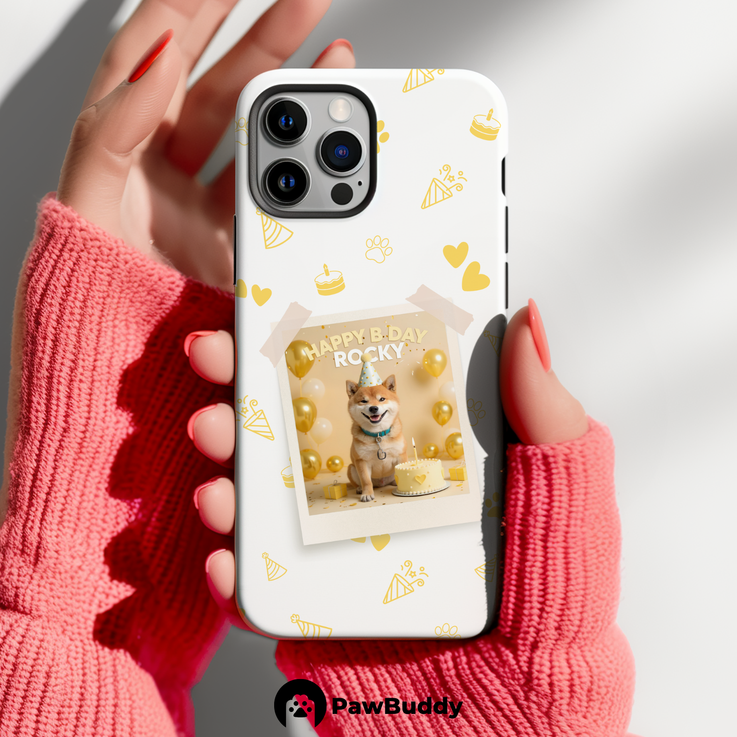 Custom Pet Phone Case for iPhone 11–17, Personalized Birthday Celebration Yellow Pattern with Polaroid Photo Frame and Name, Dual-Layer Shockproof PC+TPU Protective Cover with Glossy Wraparound Printing, Unique Gift for Pet Lovers