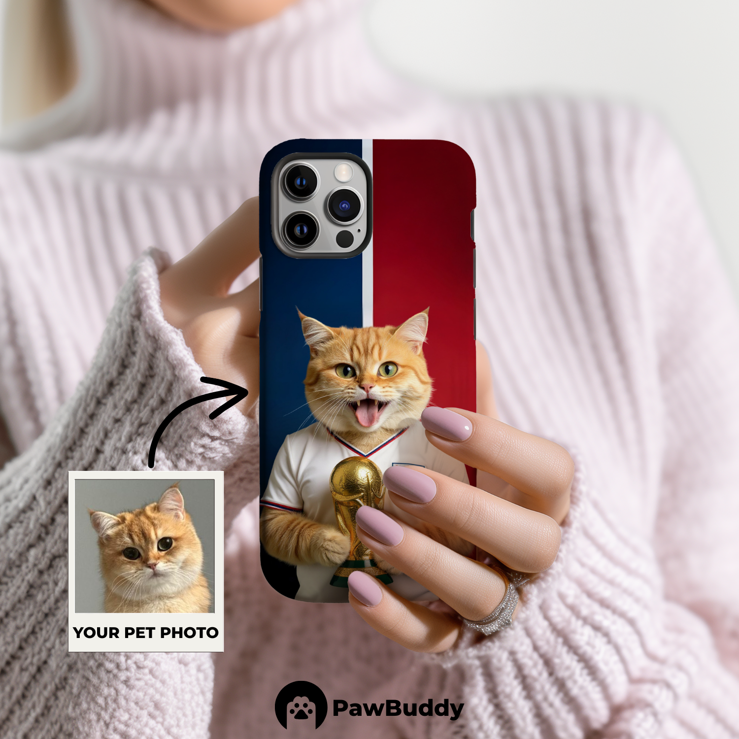 Custom Pet Phone Case for iPhone 11–17, Personalized Victory Glory Soccer Portrait Design, Dual-Layer Shockproof PC+TPU Protective Cover with Glossy Wraparound Printing, Unique Gift for Pet Lovers