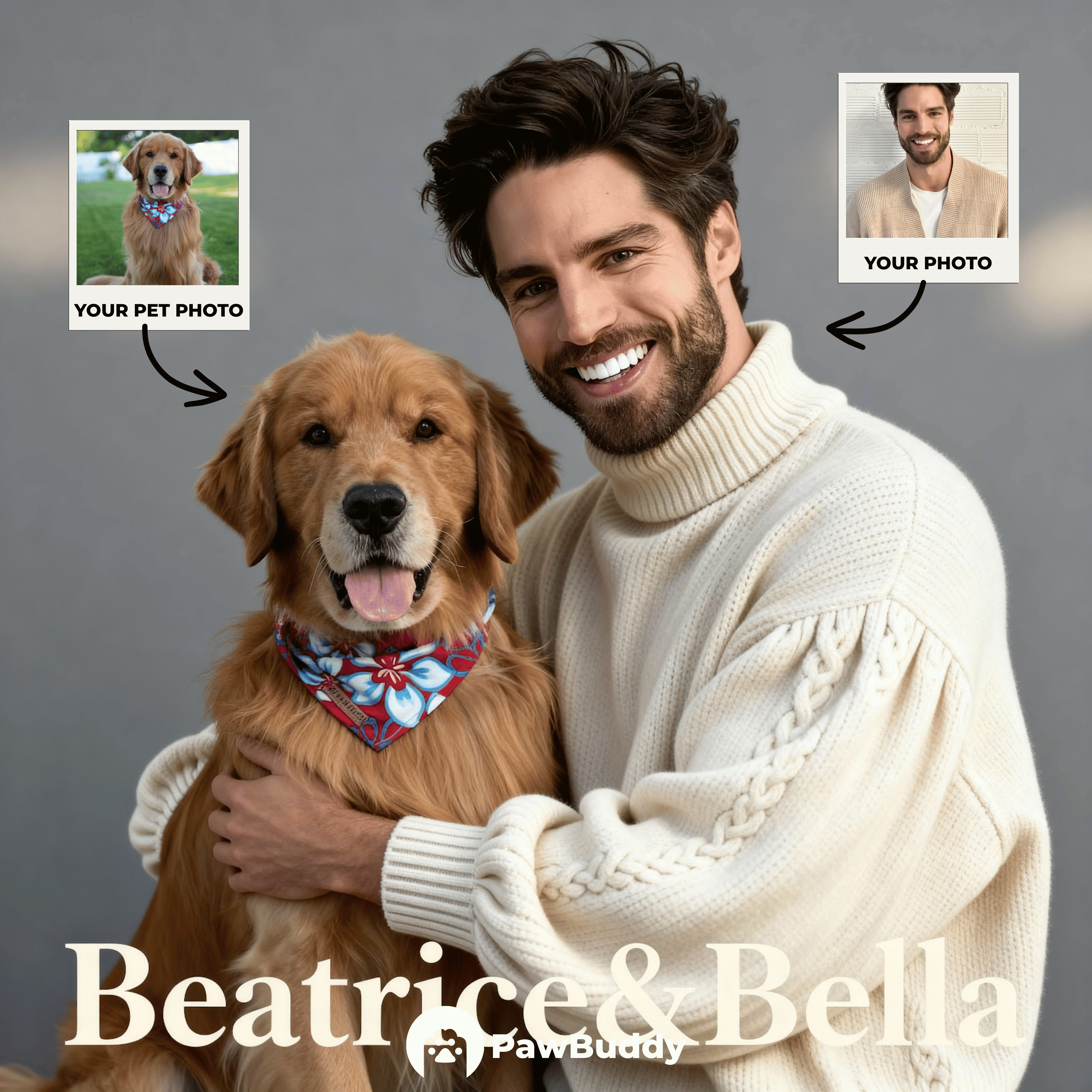 Custom Human & Pet Portrait Classic Grey Studio Digital Artwork - Personalized High-Resolution Artwork for Pet Lovers, Perfect for Online Sharing or as a Unique Timeless Keepsake