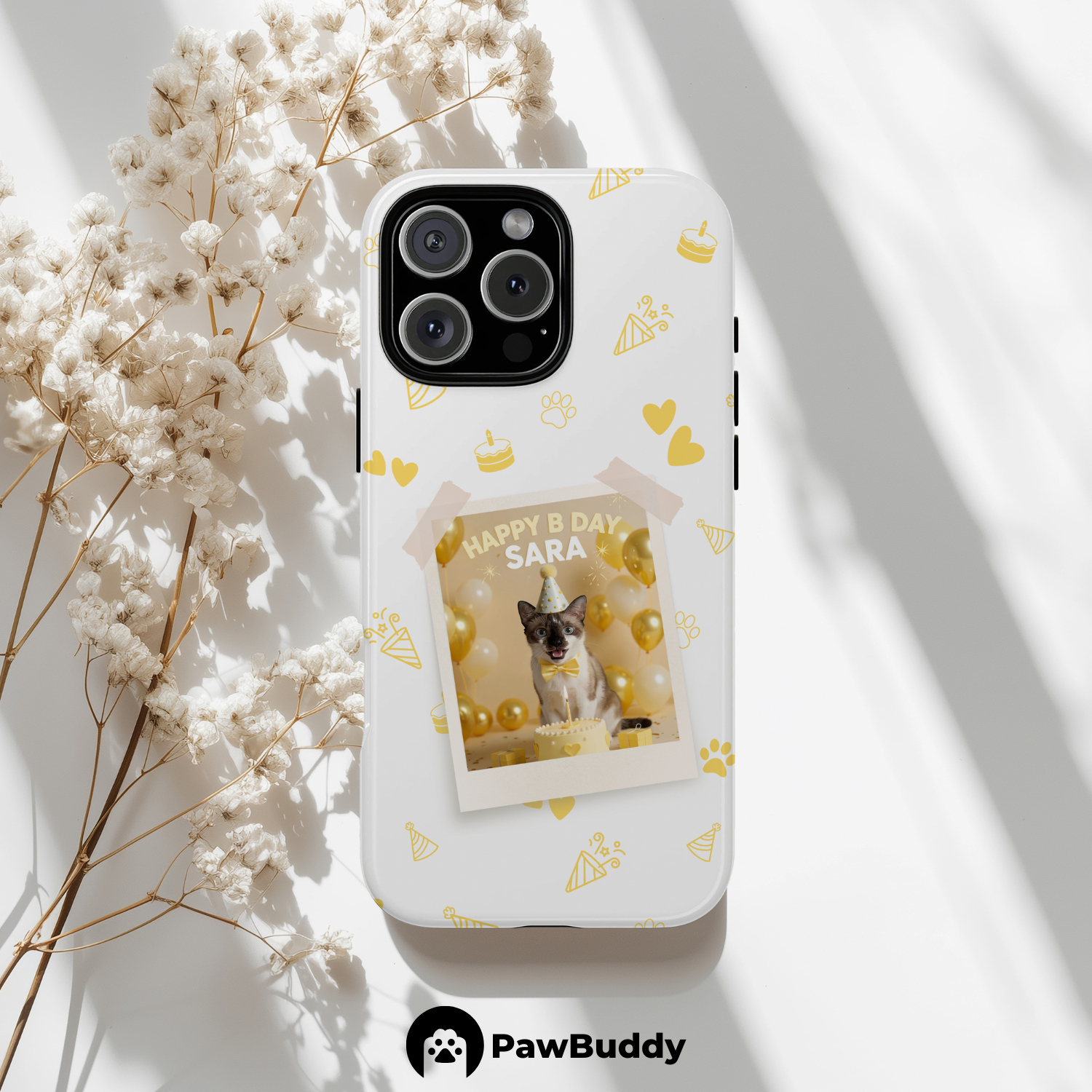 Custom Pet Phone Case for iPhone 11–17, Personalized Birthday Celebration Yellow Pattern with Polaroid Photo Frame and Name, Dual-Layer Shockproof PC+TPU Protective Cover with Glossy Wraparound Printing, Unique Gift for Pet Lovers