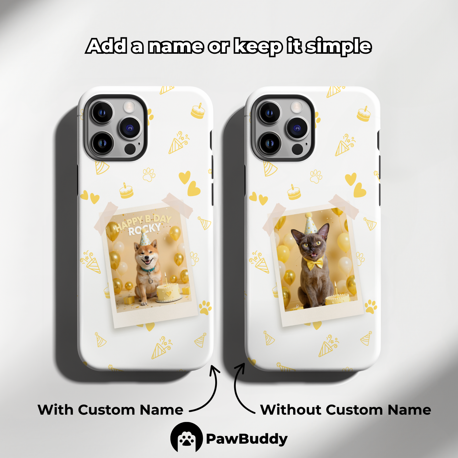 Custom Pet Phone Case for iPhone 11–17, Personalized Birthday Celebration Yellow Pattern with Polaroid Photo Frame and Name, Dual-Layer Shockproof PC+TPU Protective Cover with Glossy Wraparound Printing, Unique Gift for Pet Lovers