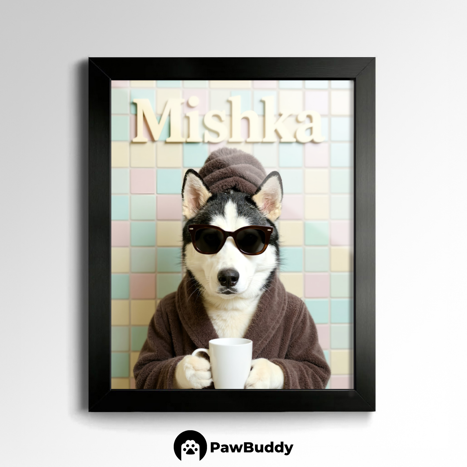 Custom Pet Poster Cozy Spa Day Portrait with Pastel Tile Background – Personalized High-Resolution Matte Print for Wall Art, Home Decor, or Unique Gifts for Pet Lovers (Frame Not Included)