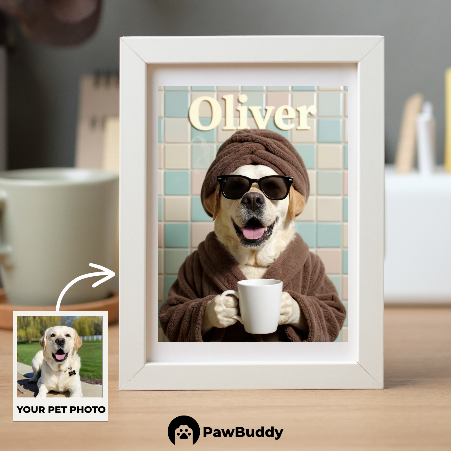 Custom Pet Poster Cozy Spa Day Portrait with Pastel Tile Background – Personalized High-Resolution Matte Print for Wall Art, Home Decor, or Unique Gifts for Pet Lovers (Frame Not Included)