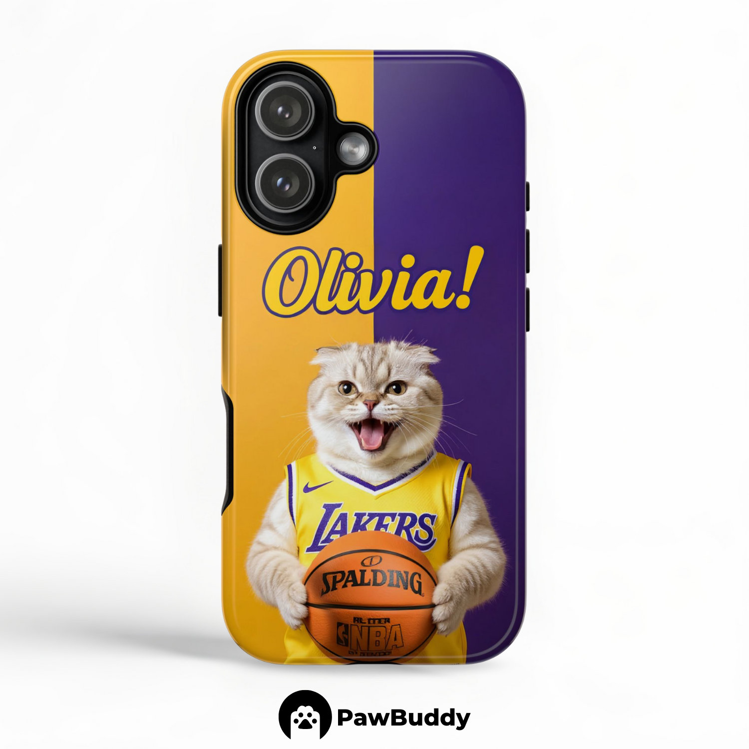 Custom Pet Phone Case for iPhone 11–17, Personalized Basketball Yellow and Purple Court Design with Jersey and Ball, Dual-Layer Shockproof PC+TPU Protective Cover with Glossy Wraparound Printing, Unique Gift for Pet Lovers
