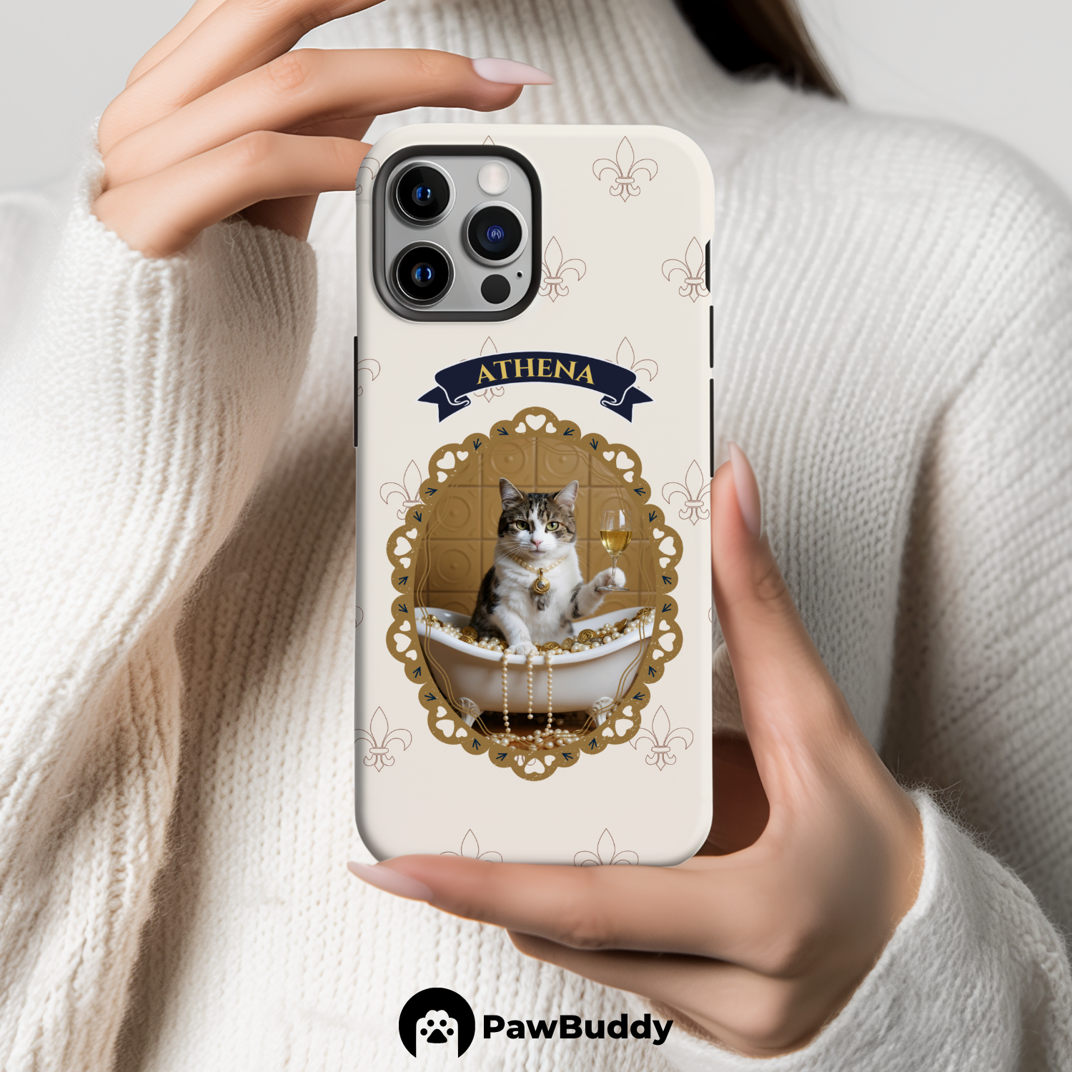 Custom Pet Phone Case for iPhone 11–17, Personalized Luxury Bathtub Gold Frame Design with Pearls and Champagne, Dual-Layer Shockproof PC+TPU Protective Cover with Glossy Wraparound Printing, Unique Gift for Pet Lovers