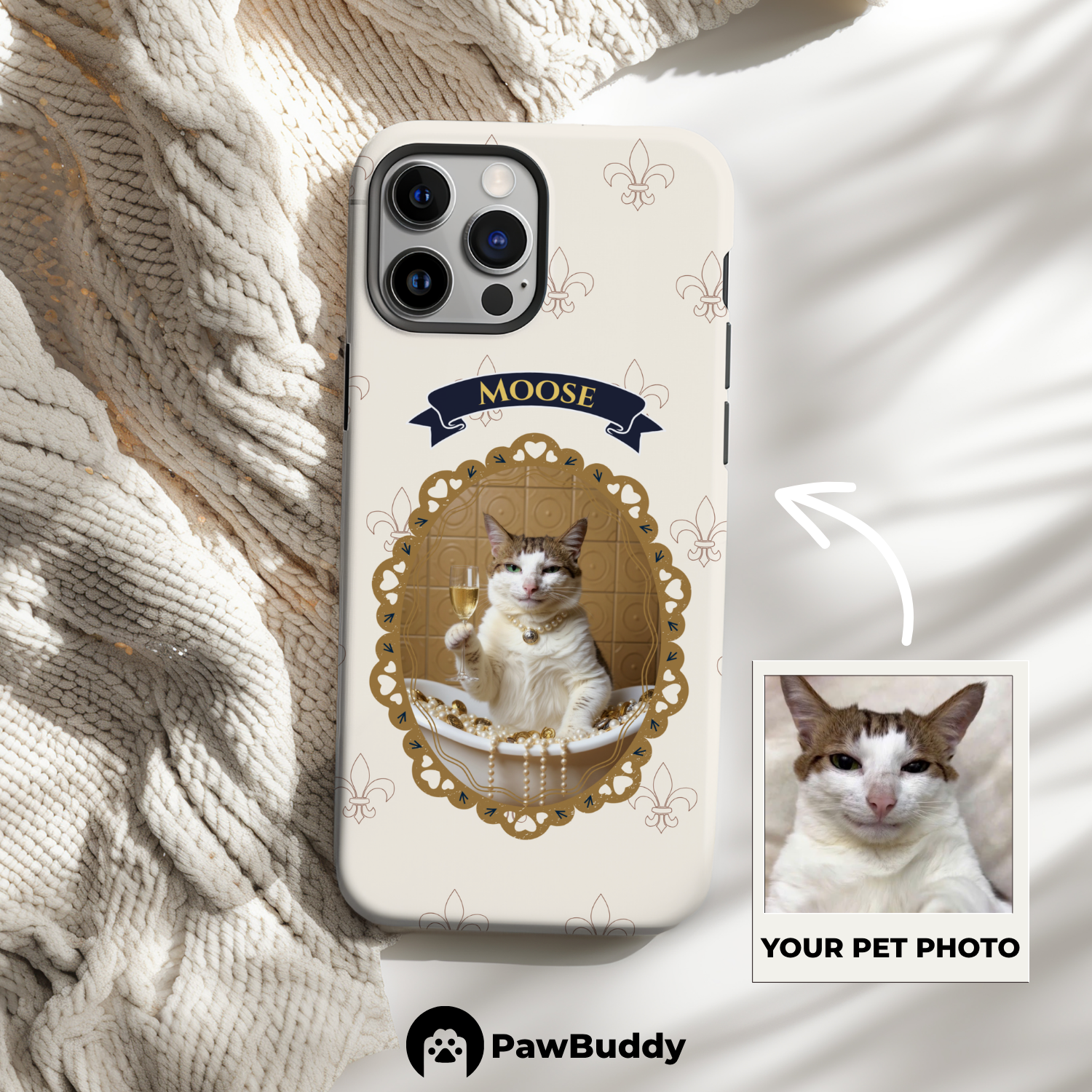 Custom Pet Phone Case for iPhone 11–17, Personalized Luxury Bathtub Gold Frame Design with Pearls and Champagne, Dual-Layer Shockproof PC+TPU Protective Cover with Glossy Wraparound Printing, Unique Gift for Pet Lovers